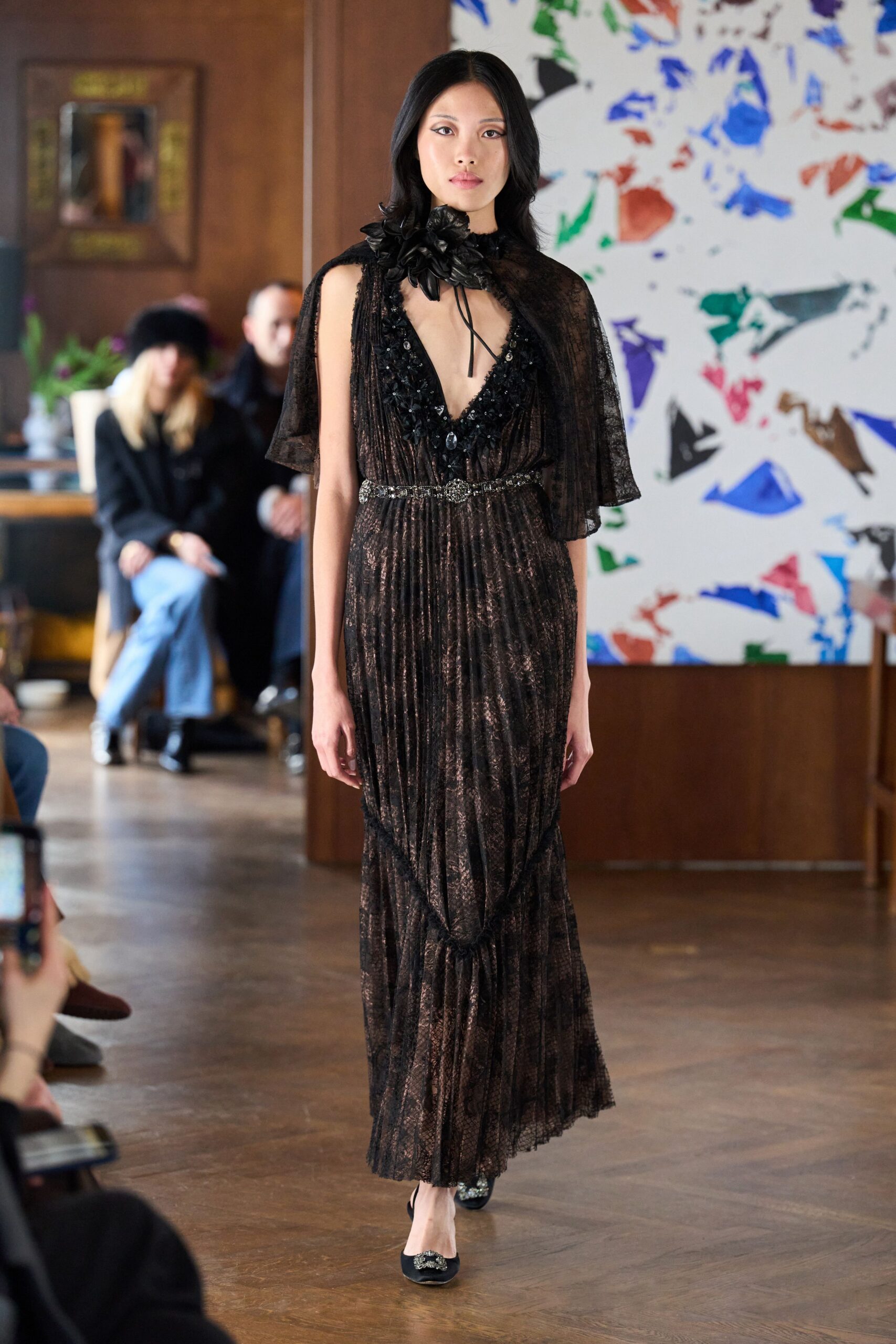 black silk pleated gown