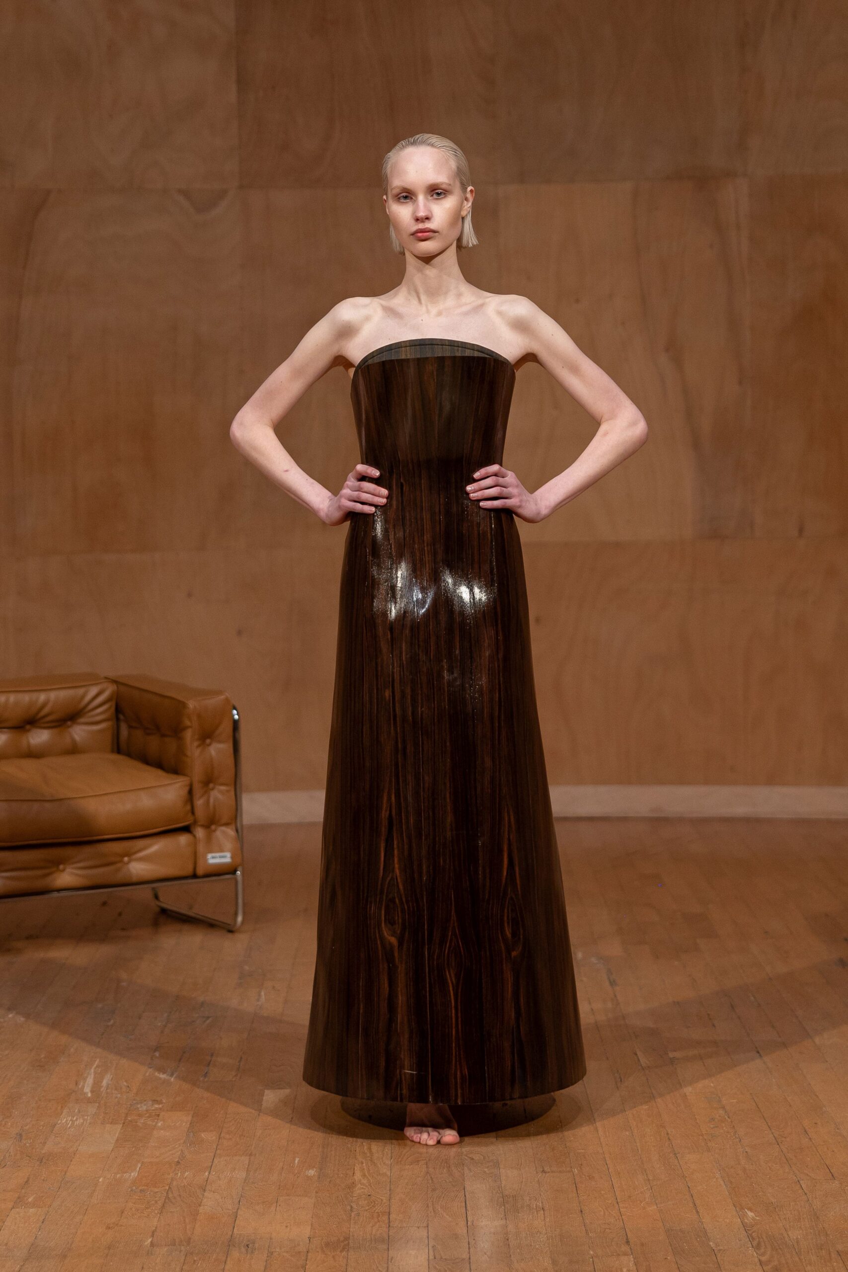 brown vinyl strapless gown