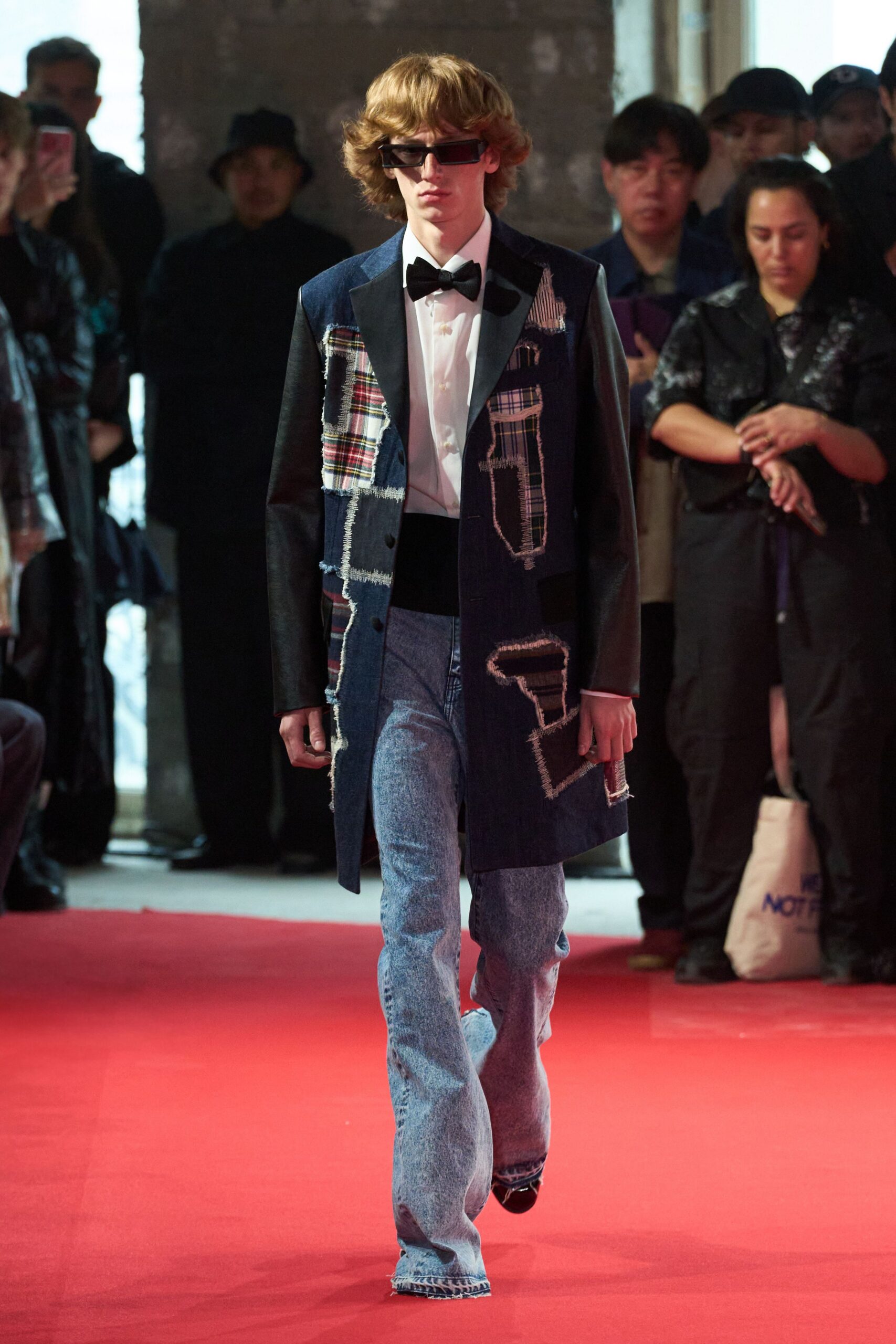 black denim long-sleeve collared relaxed buttoned patchwork coat