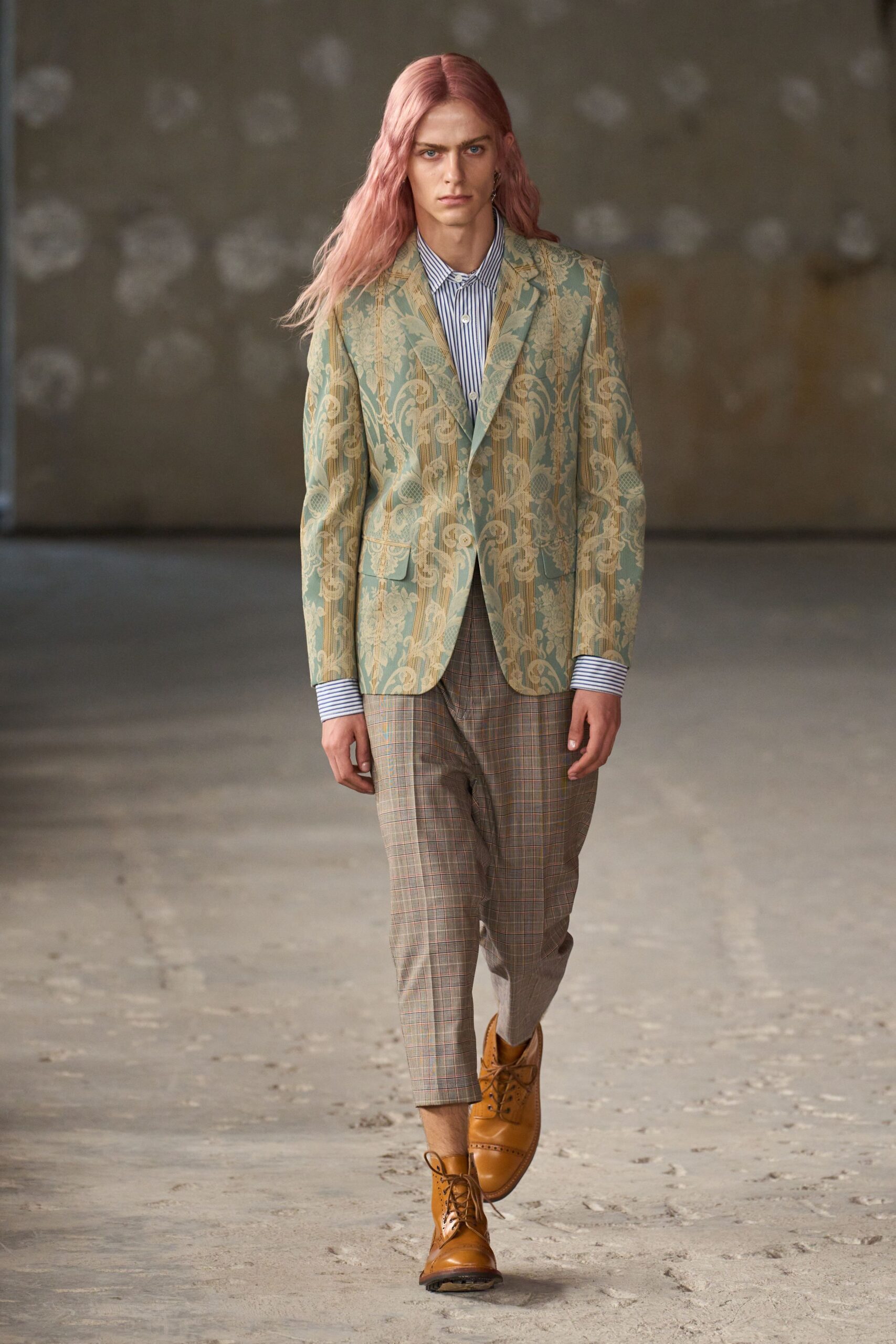 green embroidered blazer with checked pants