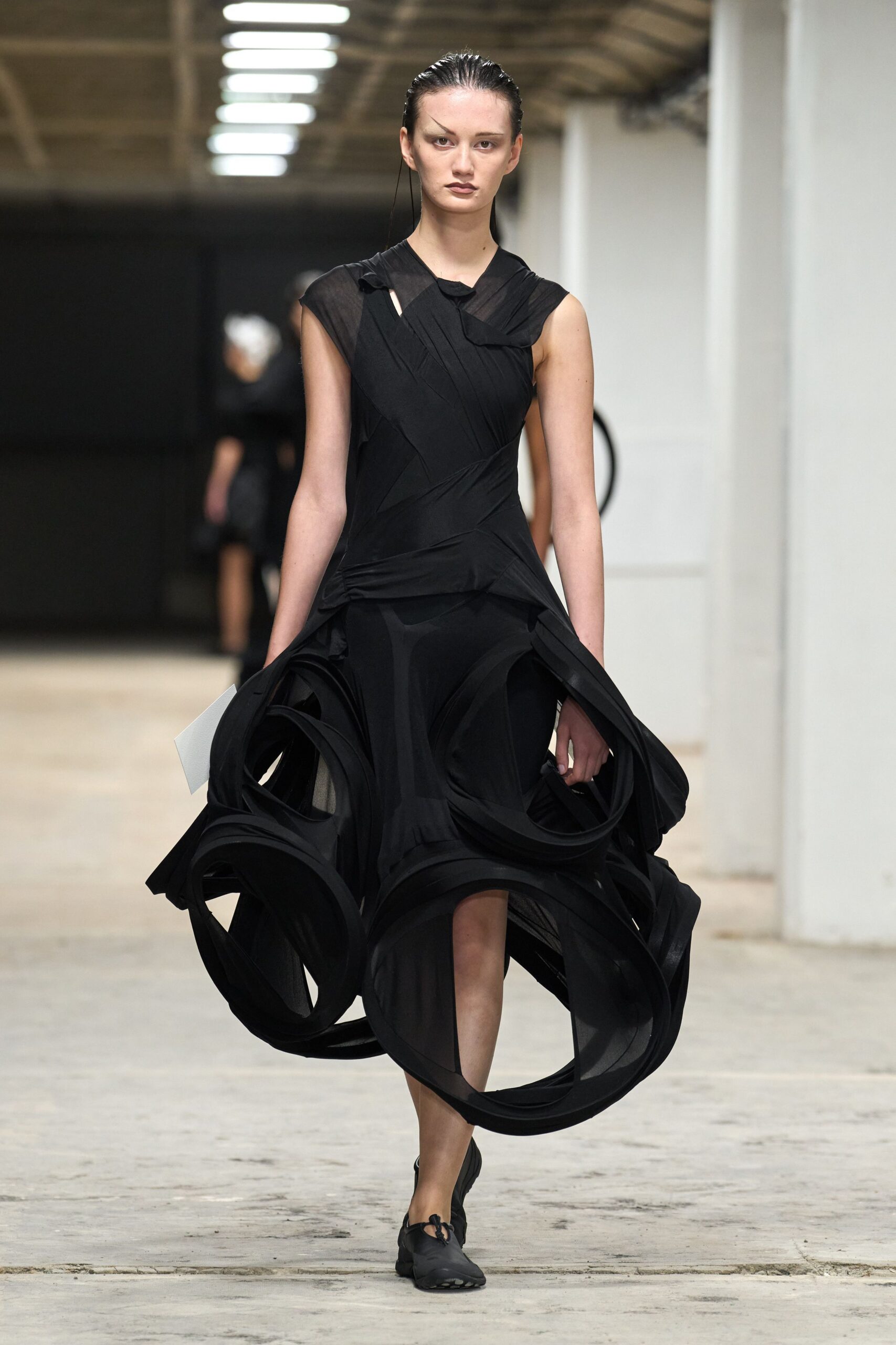 black cotton sleeveless v-neck fitted draped layered dress