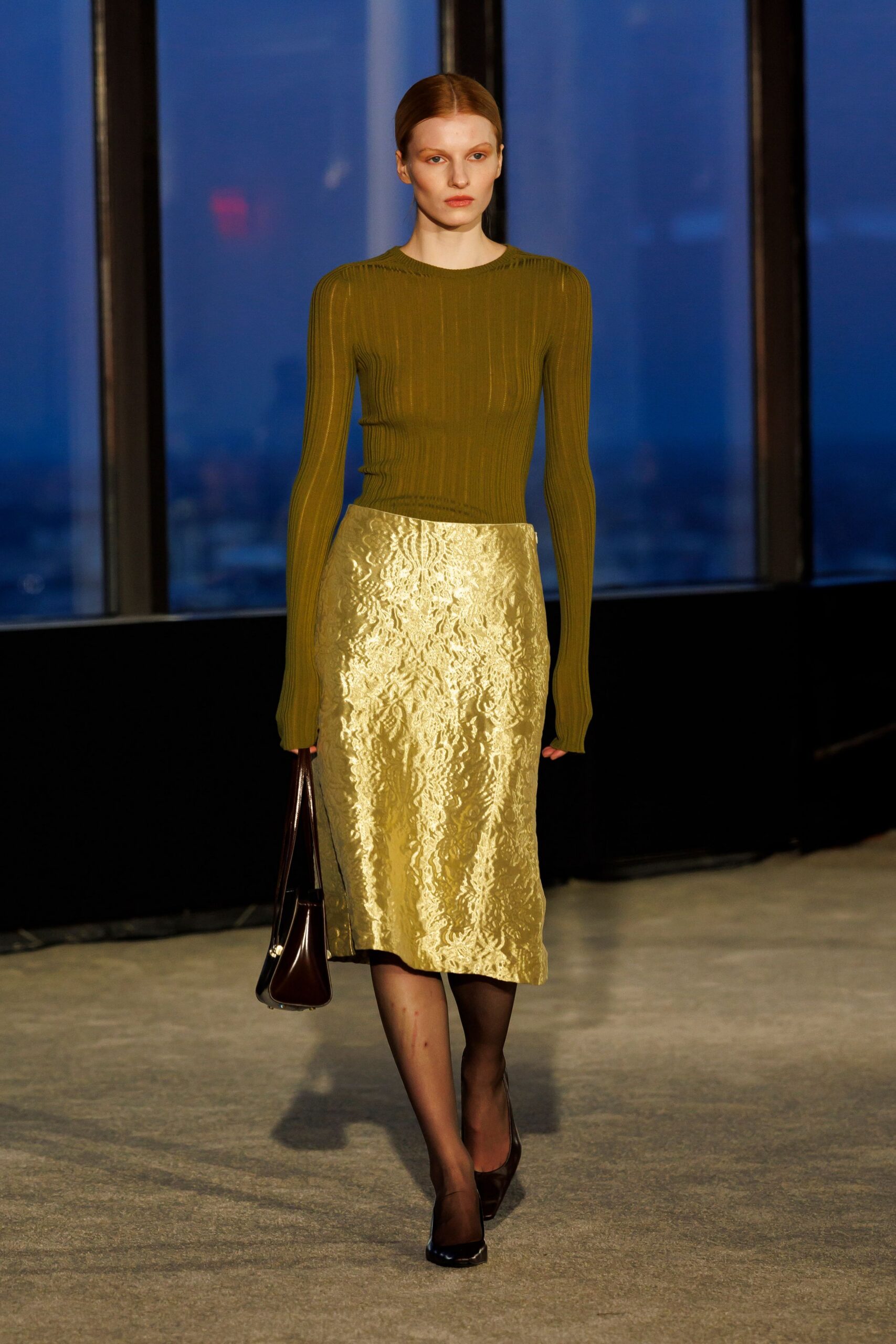 gold silk fitted pleated shiny midi skirt
