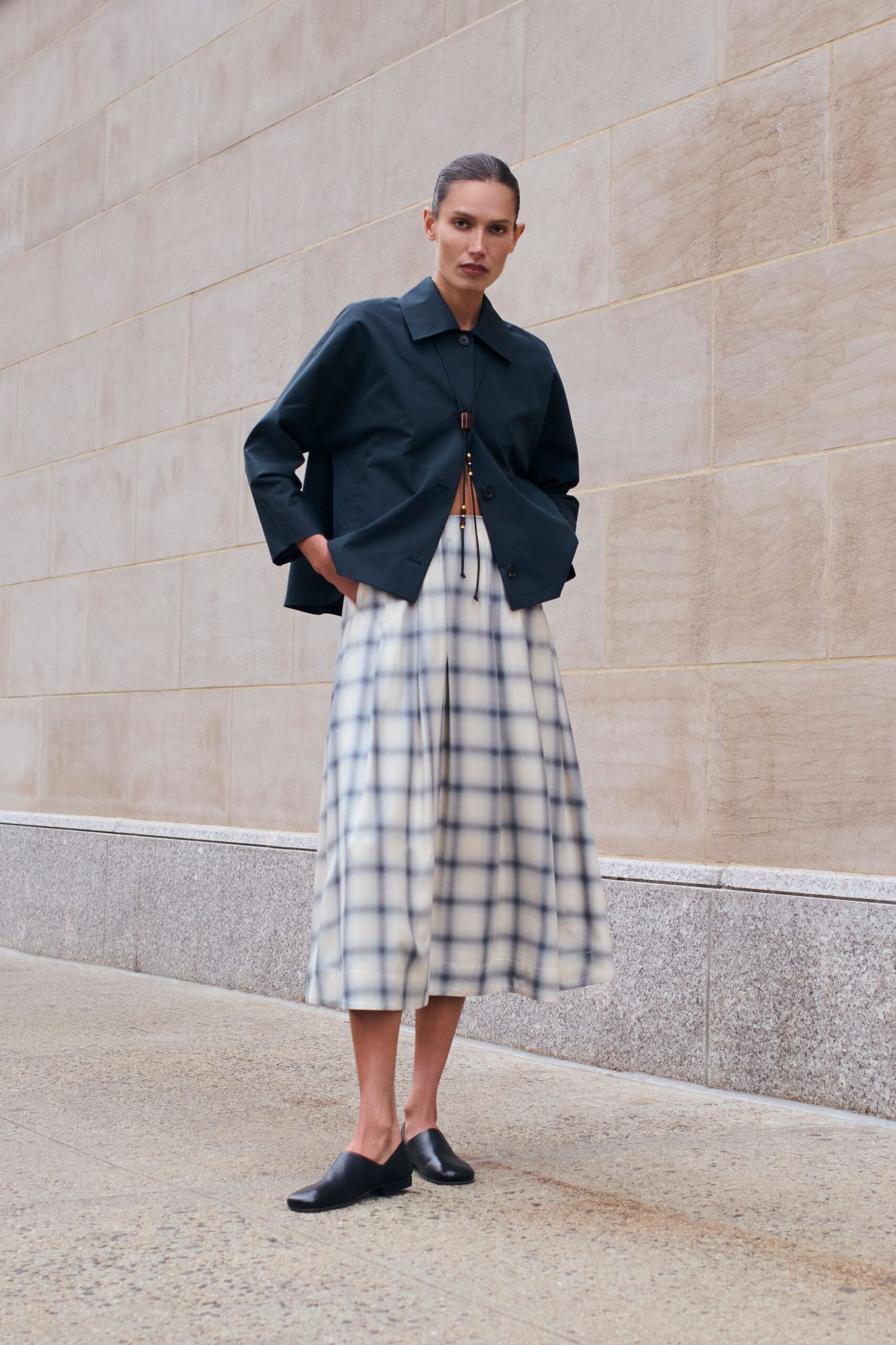 black jacket white checked skirt