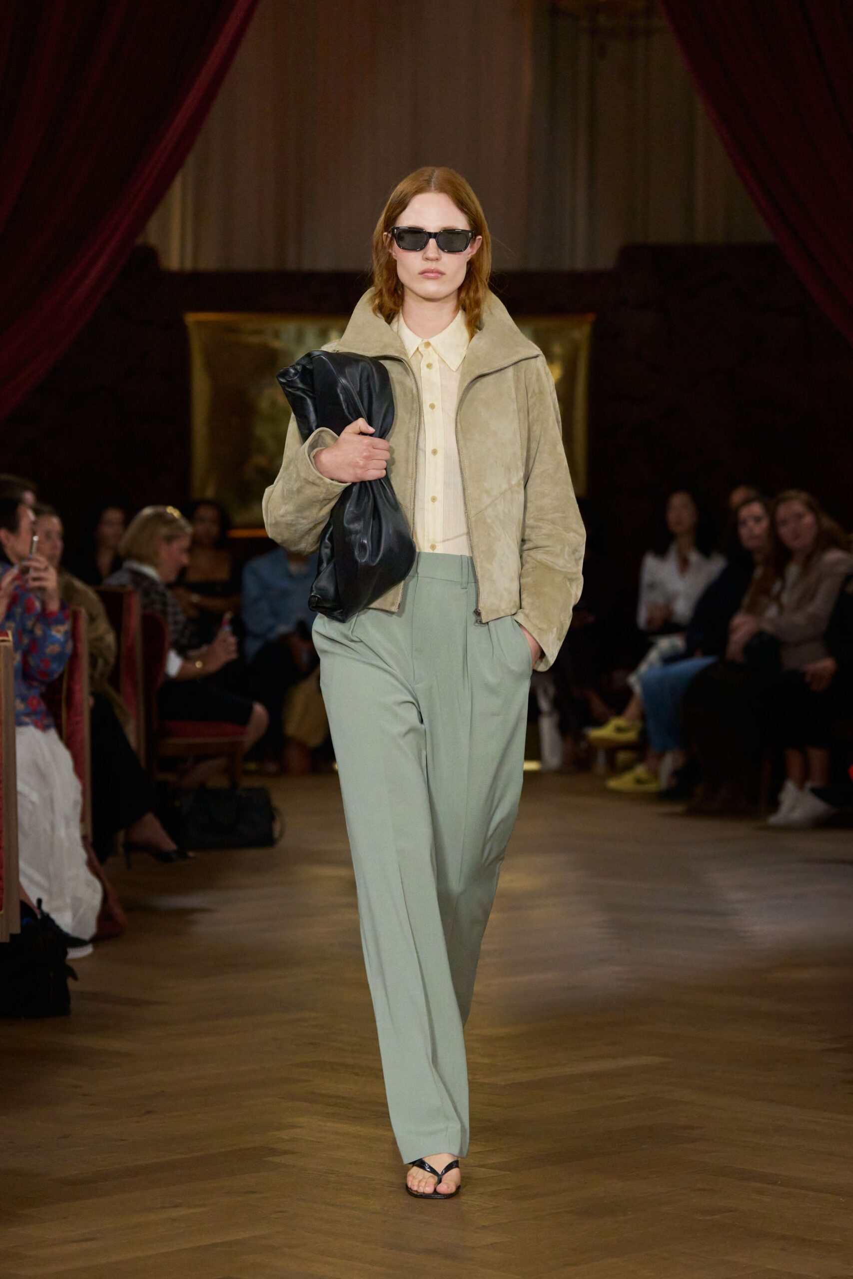 beige suede long-sleeve collared relaxed jacket