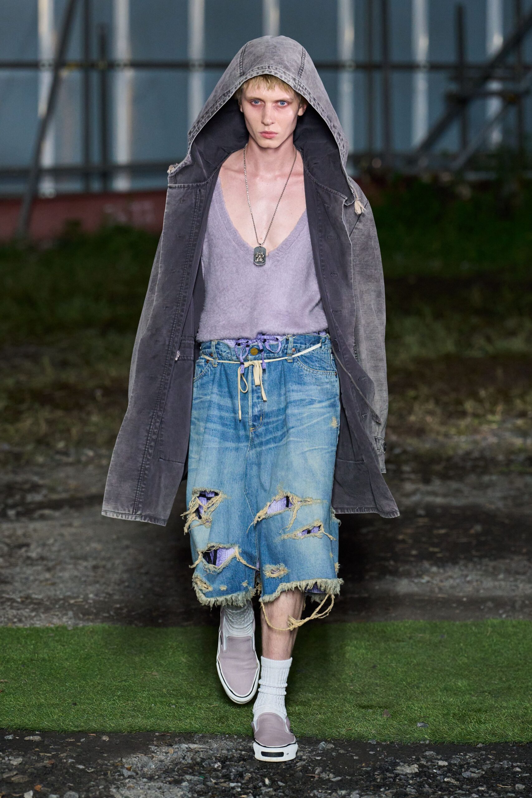 gray denim jacket with purple top