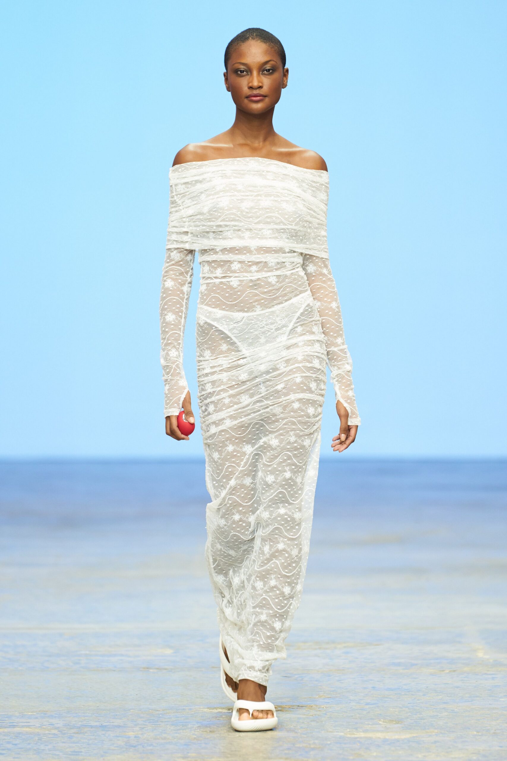 white lace long-sleeve off-shoulder fitted draped gown