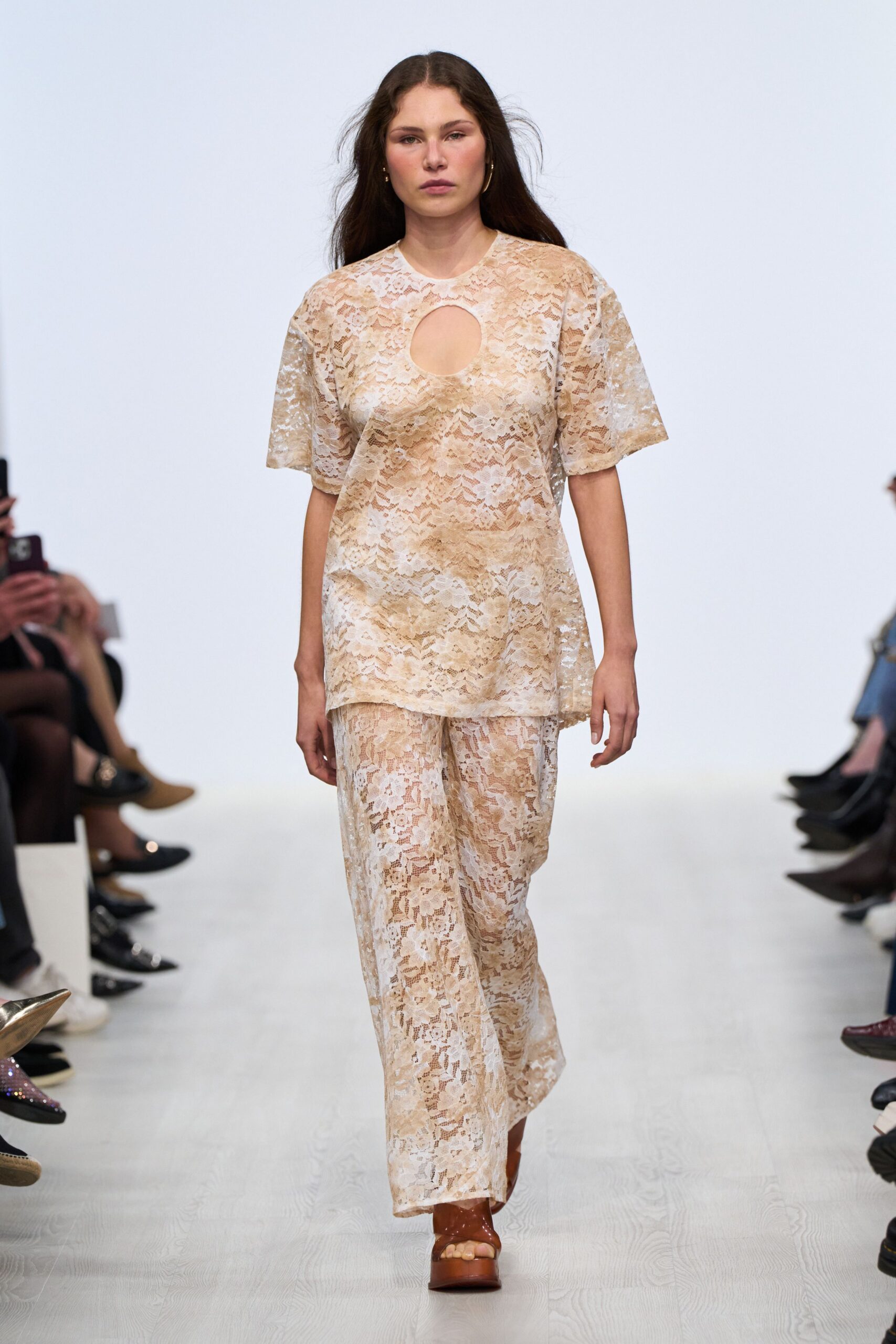 beige lace short-sleeve high-neck relaxed layered sheer top