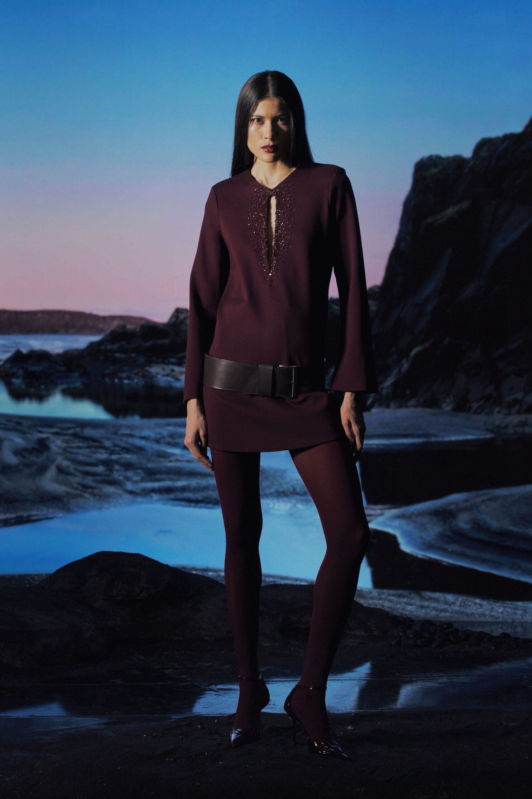maroon jersey long-sleeve v-neck fitted embellished mini dress