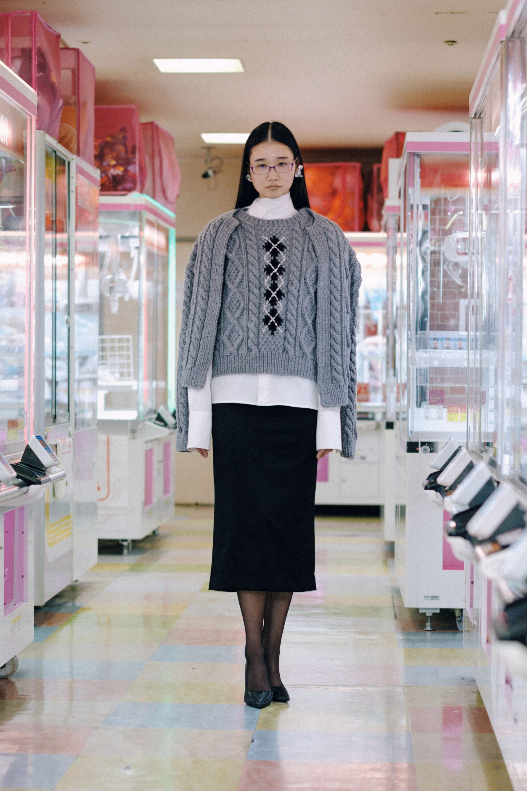 gray sweater white blouse black skirt