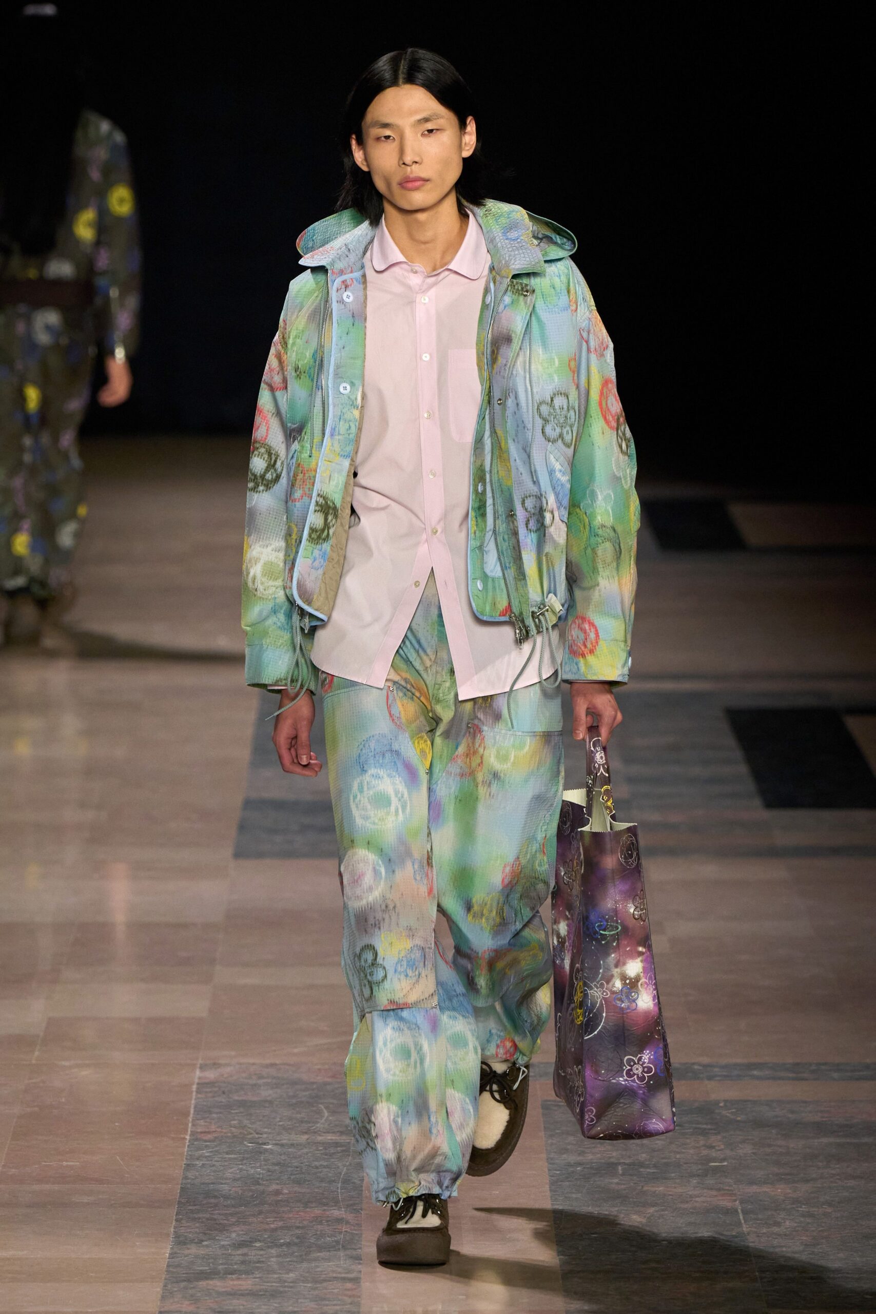 blue cotton long-sleeve collared relaxed printed jacket