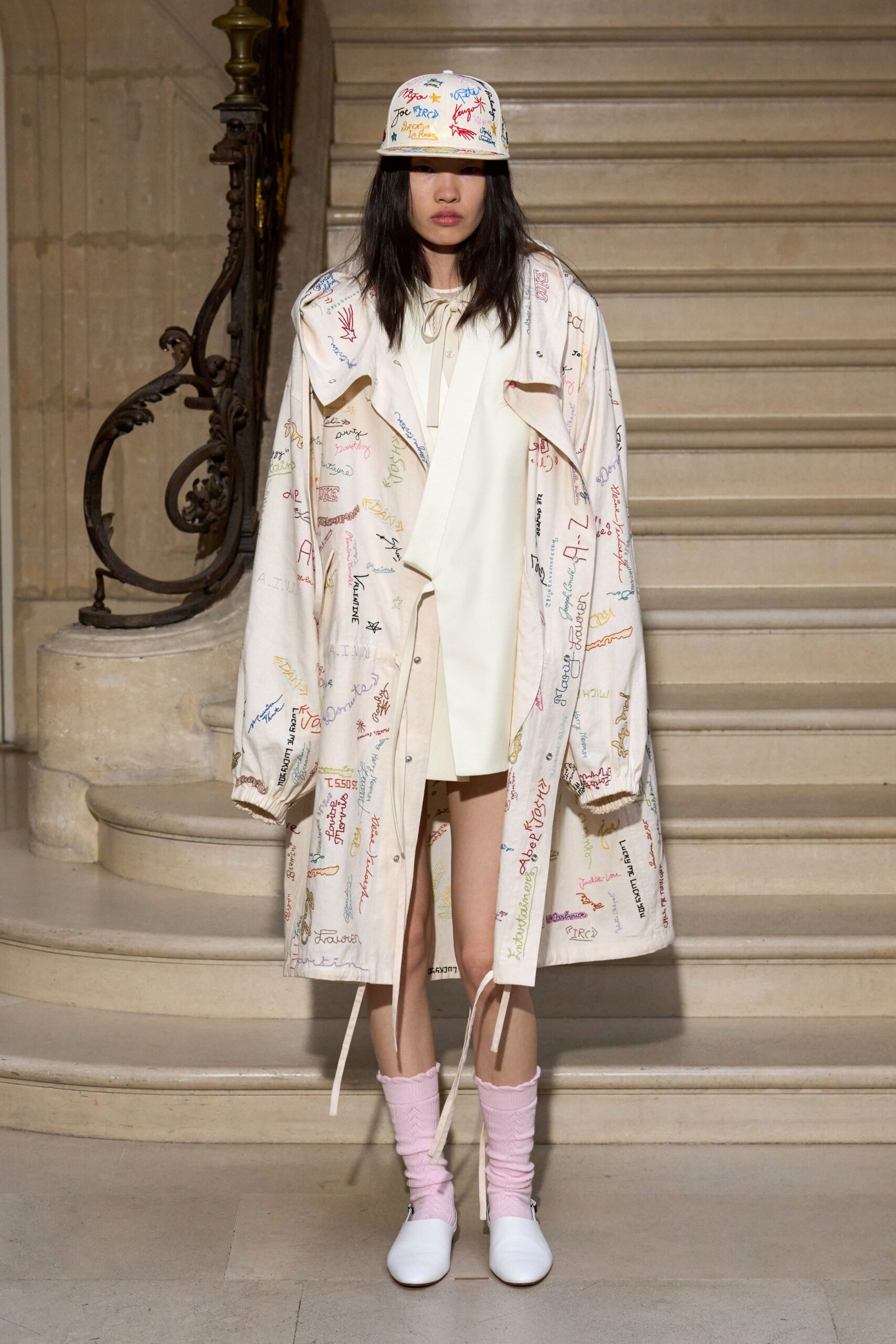 beige cotton long-sleeve collared oversized embroidered coat