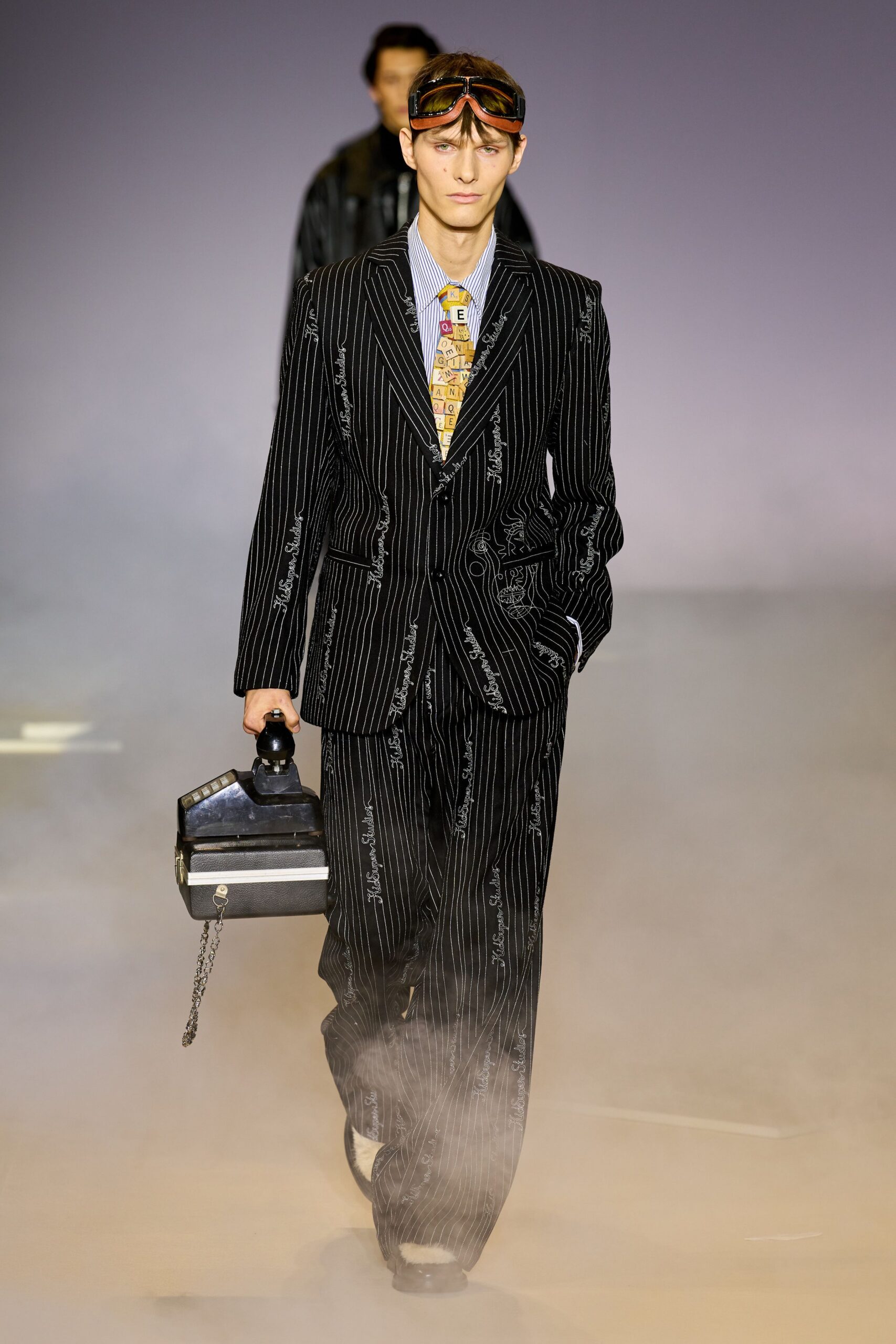 black and white striped suit