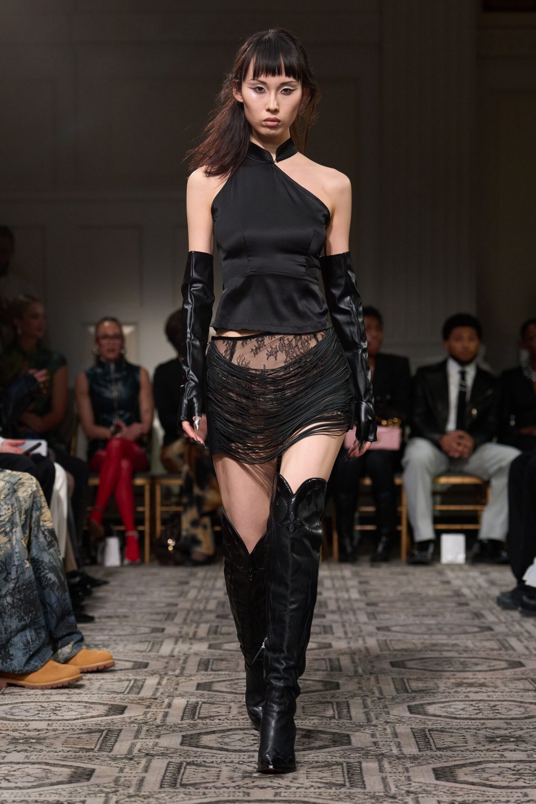 black lace asymmetric fitted sheer mini skirt