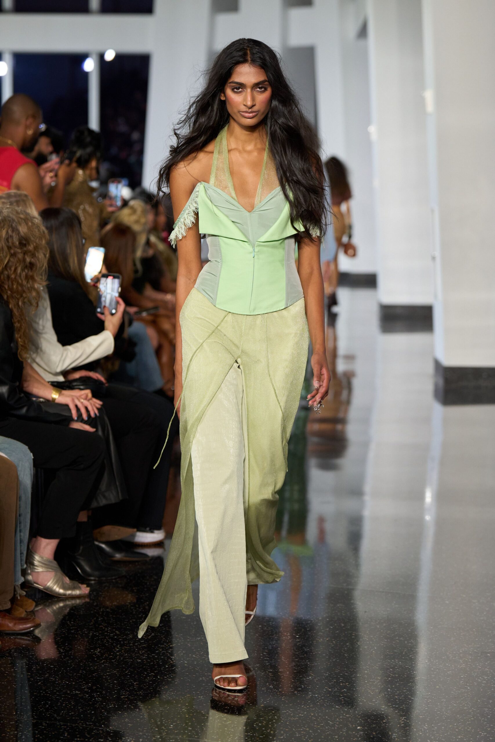 green silk sleeveless halter fitted layered top