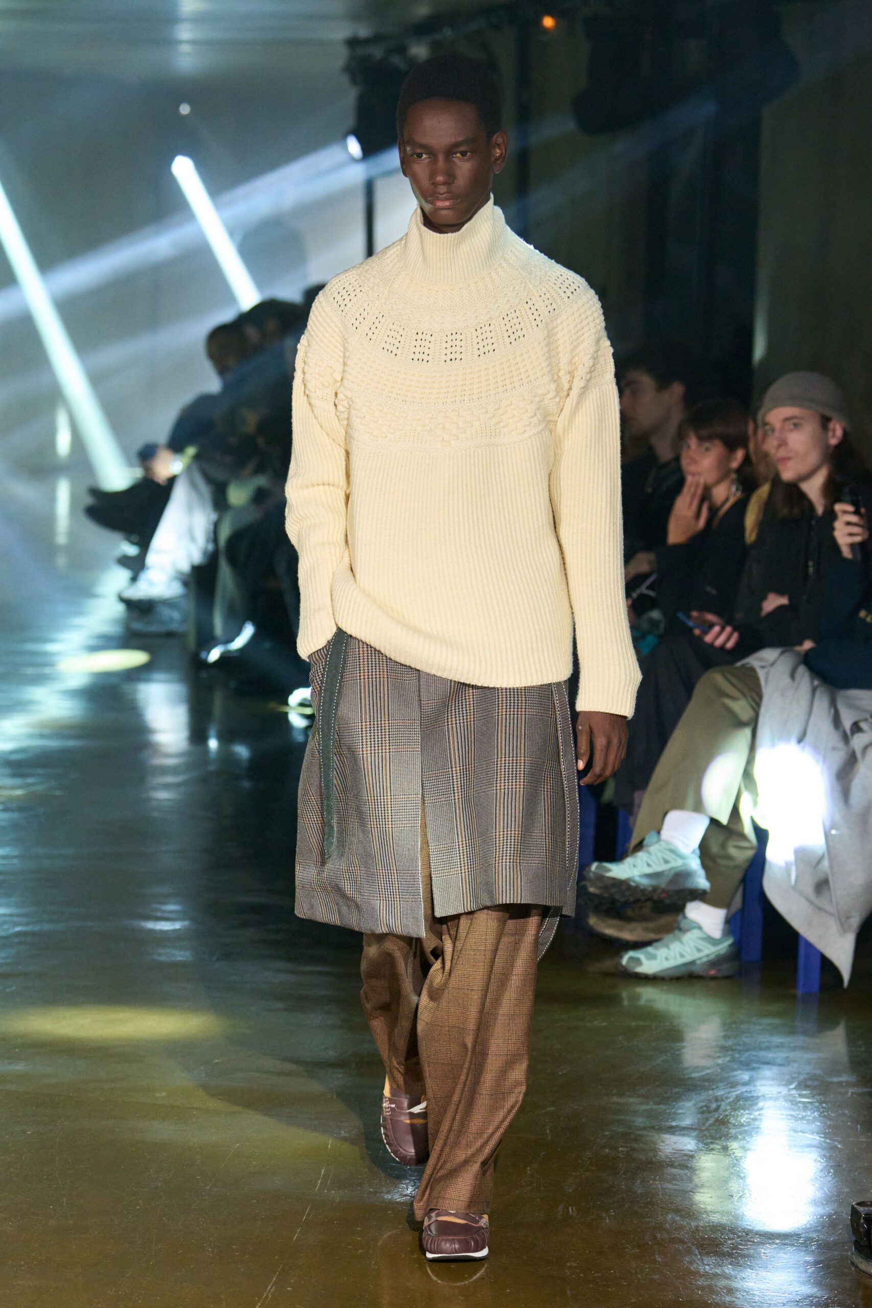 ivory wool sweater with brown pants