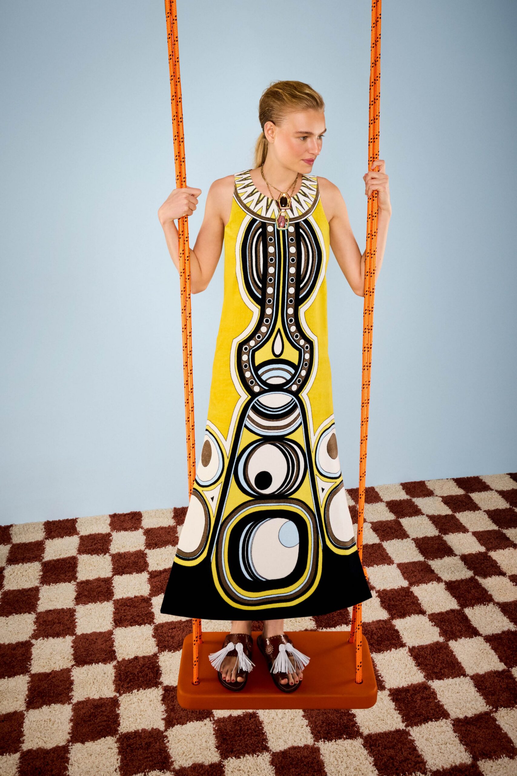 yellow cotton sleeveless high-neck fitted printed a-line dress