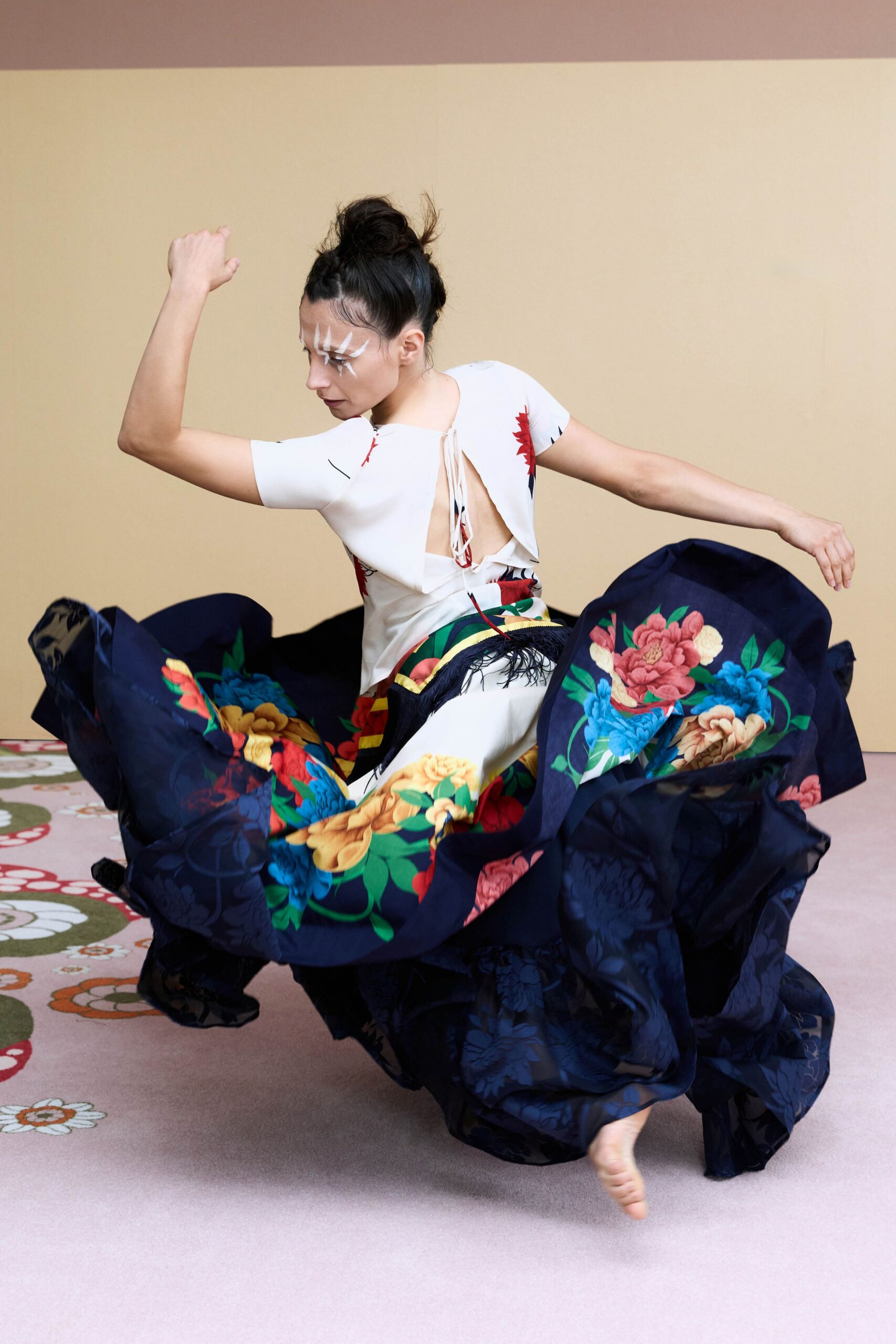 blue silk long-sleeve fitted floral flared flowing skirt