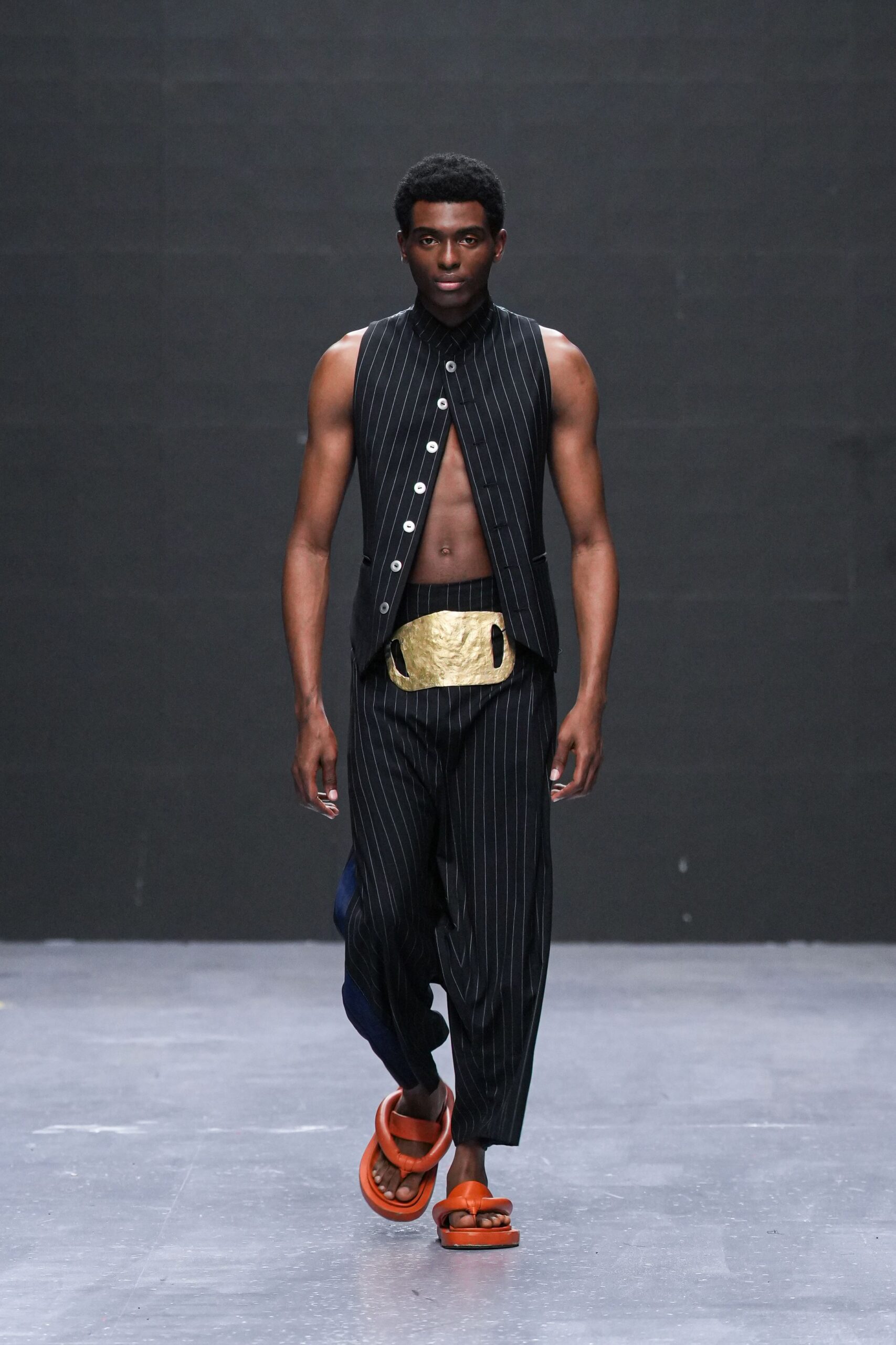 black and white striped vest and pants