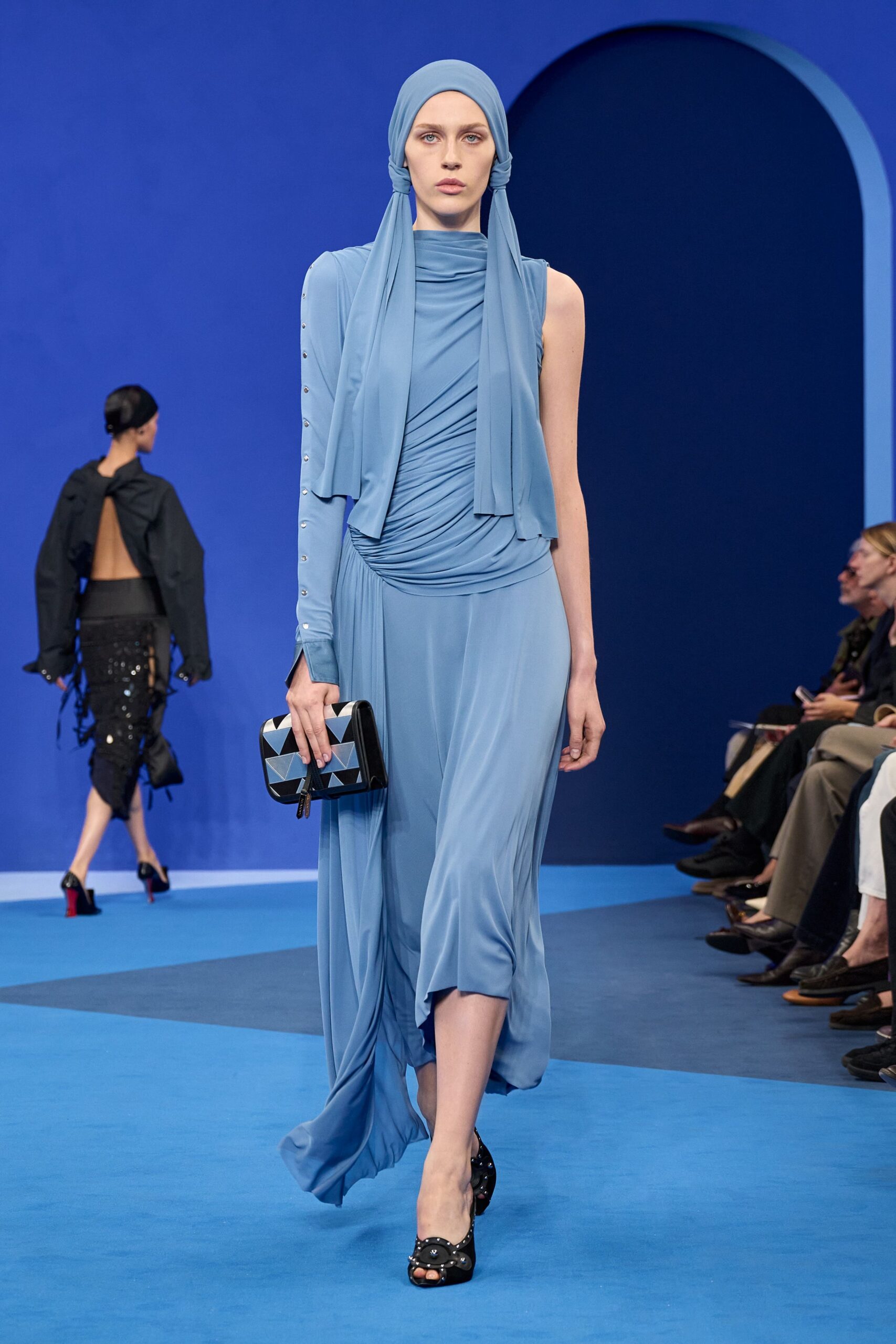 blue silk sleeveless v-neck fitted draped flowing dress