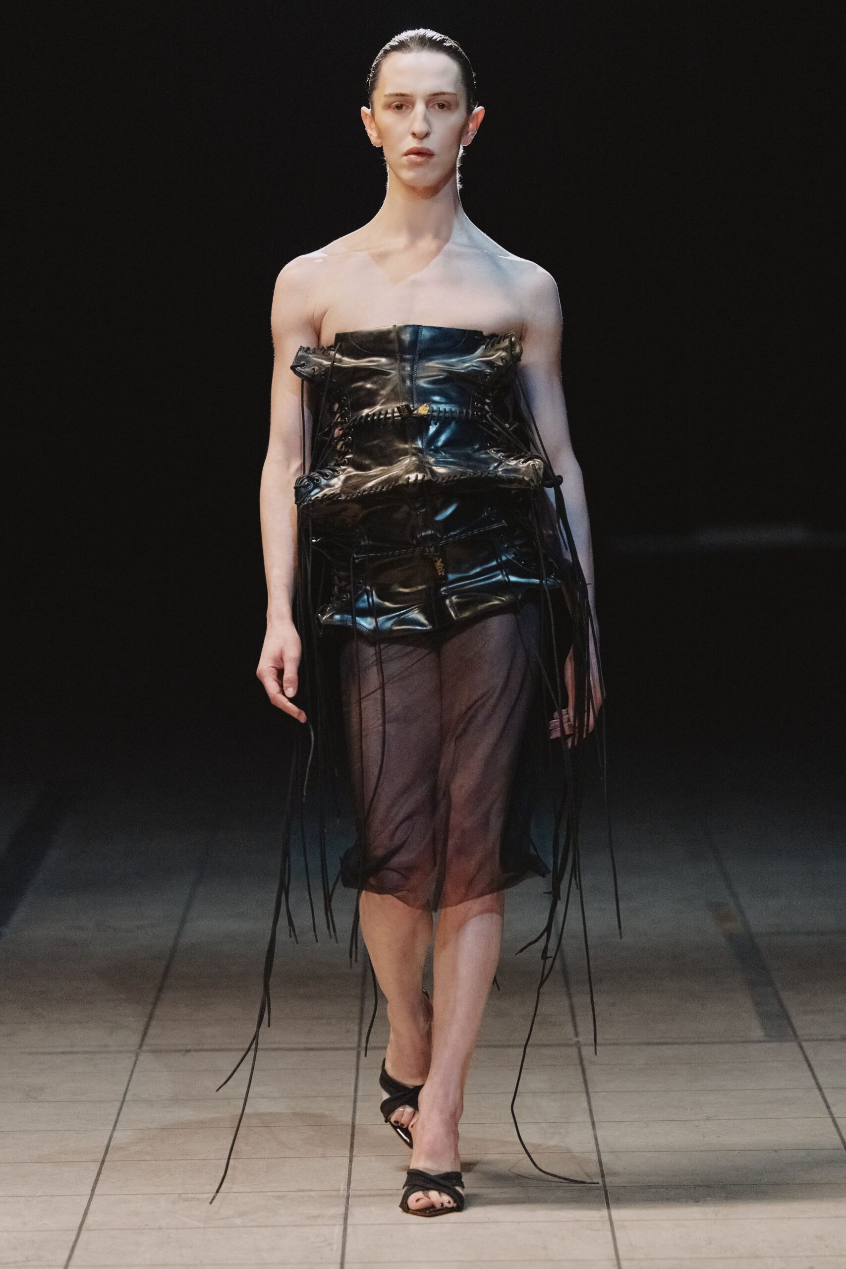 black leather strapless fitted ruched fringed sheer dress