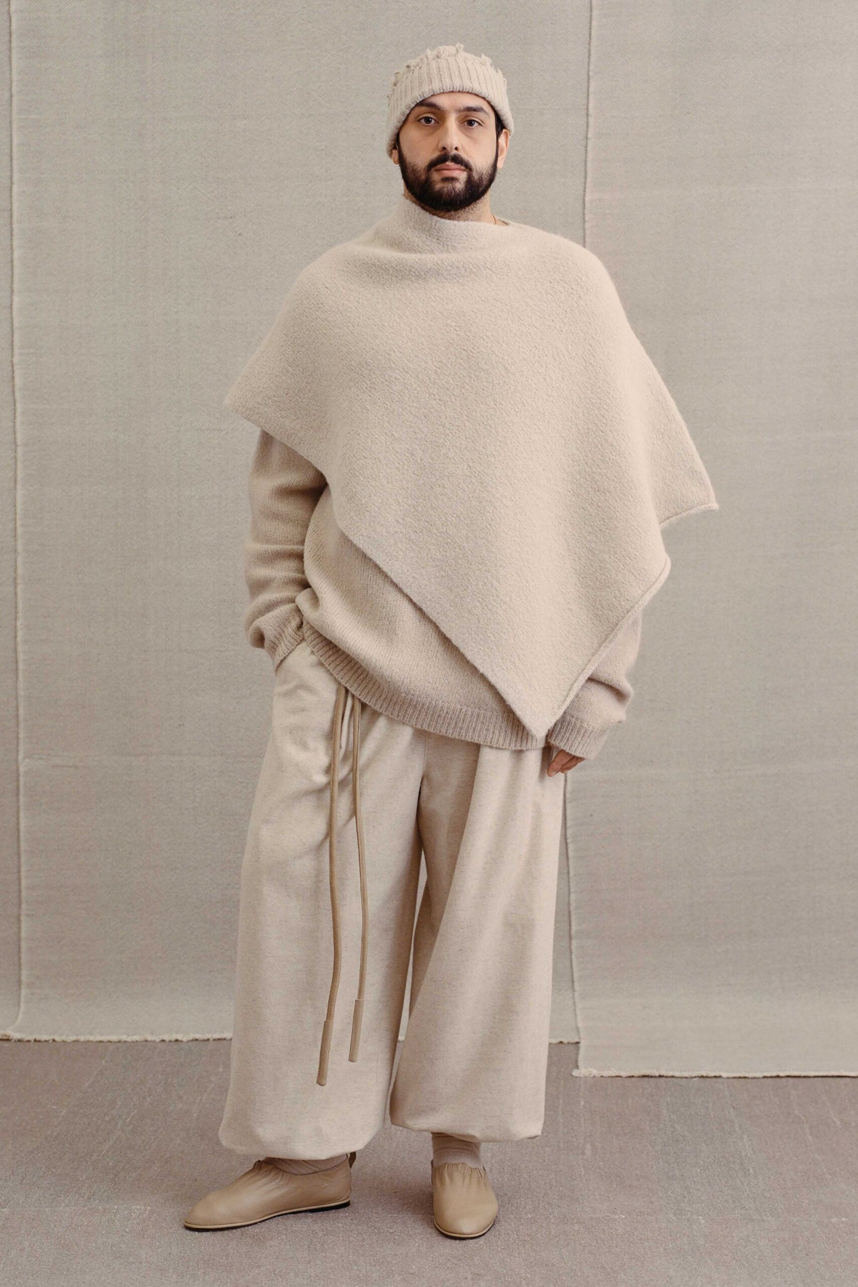 beige wool sleeveless relaxed draped poncho