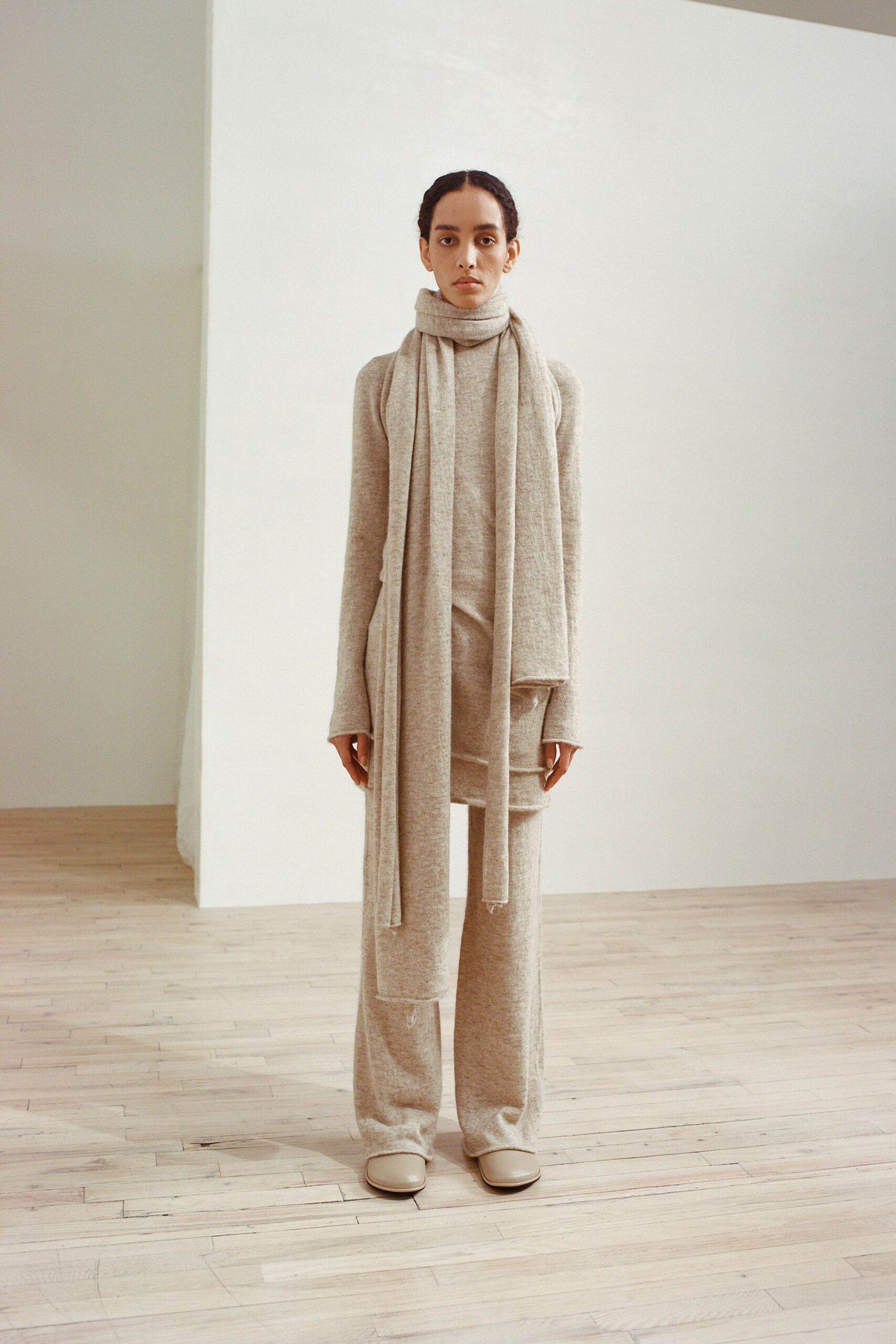 beige wool relaxed top and pants