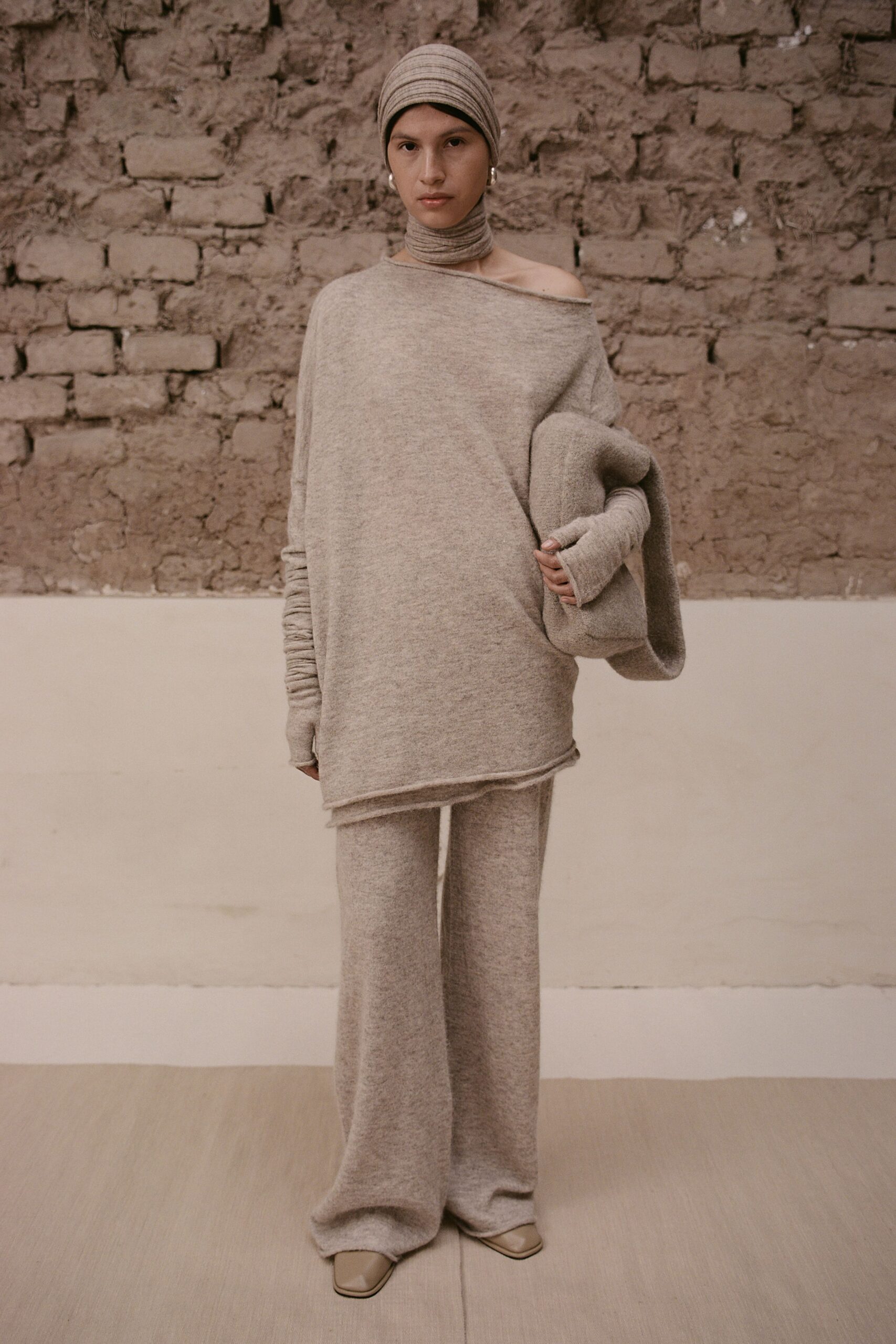 beige wool long-sleeve off-shoulder oversized top