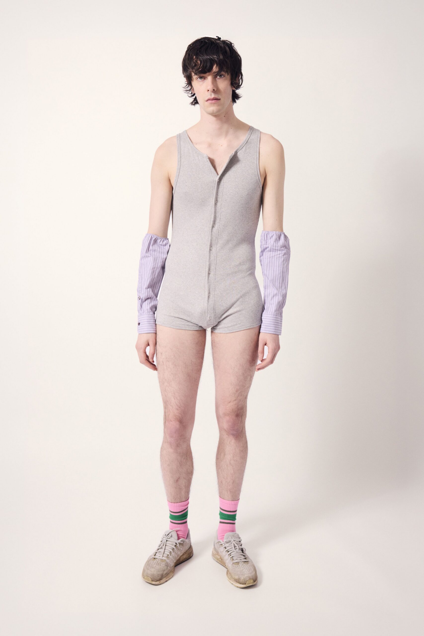 gray bodysuit with purple shirt