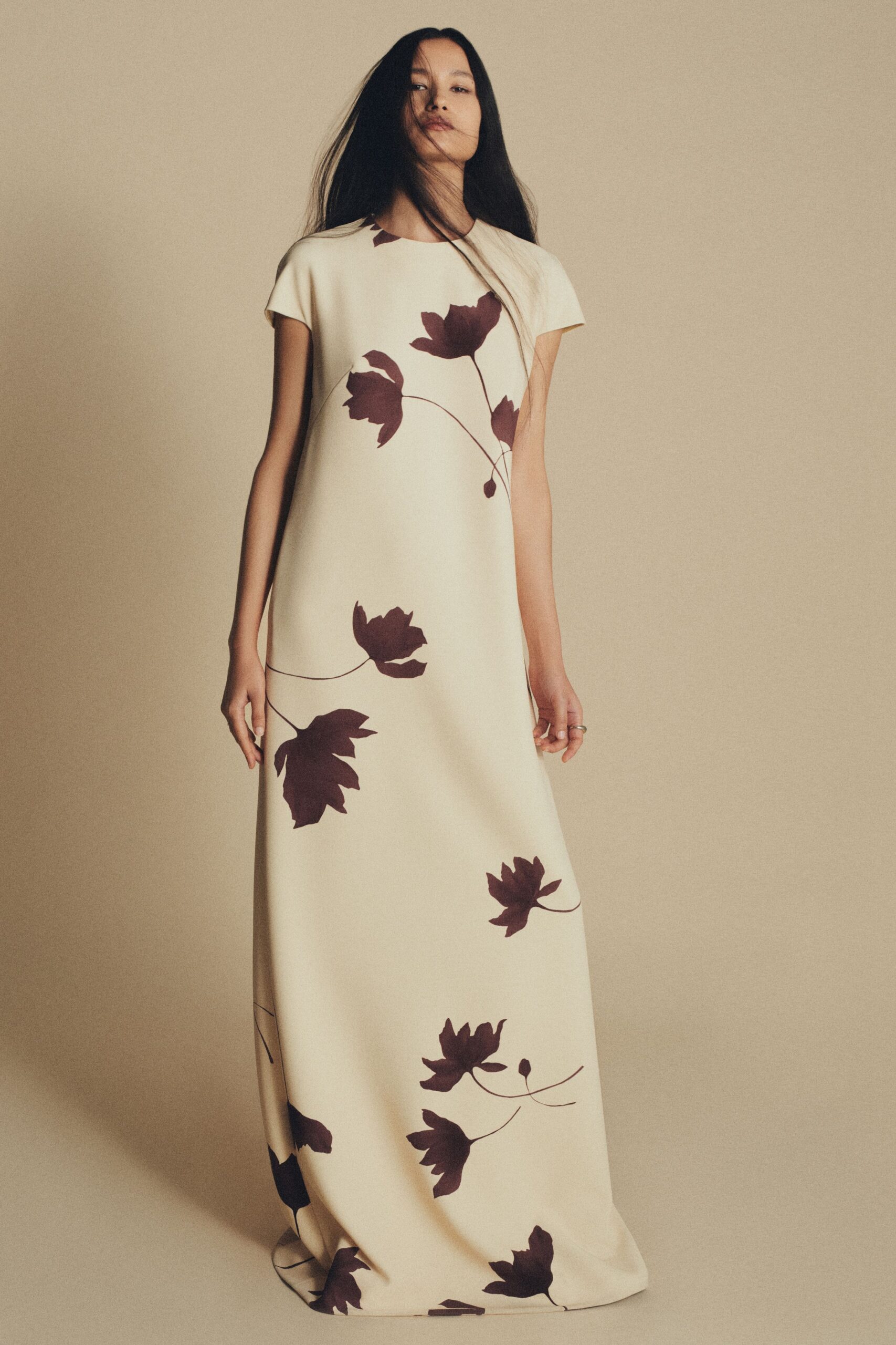 beige floral silk gown