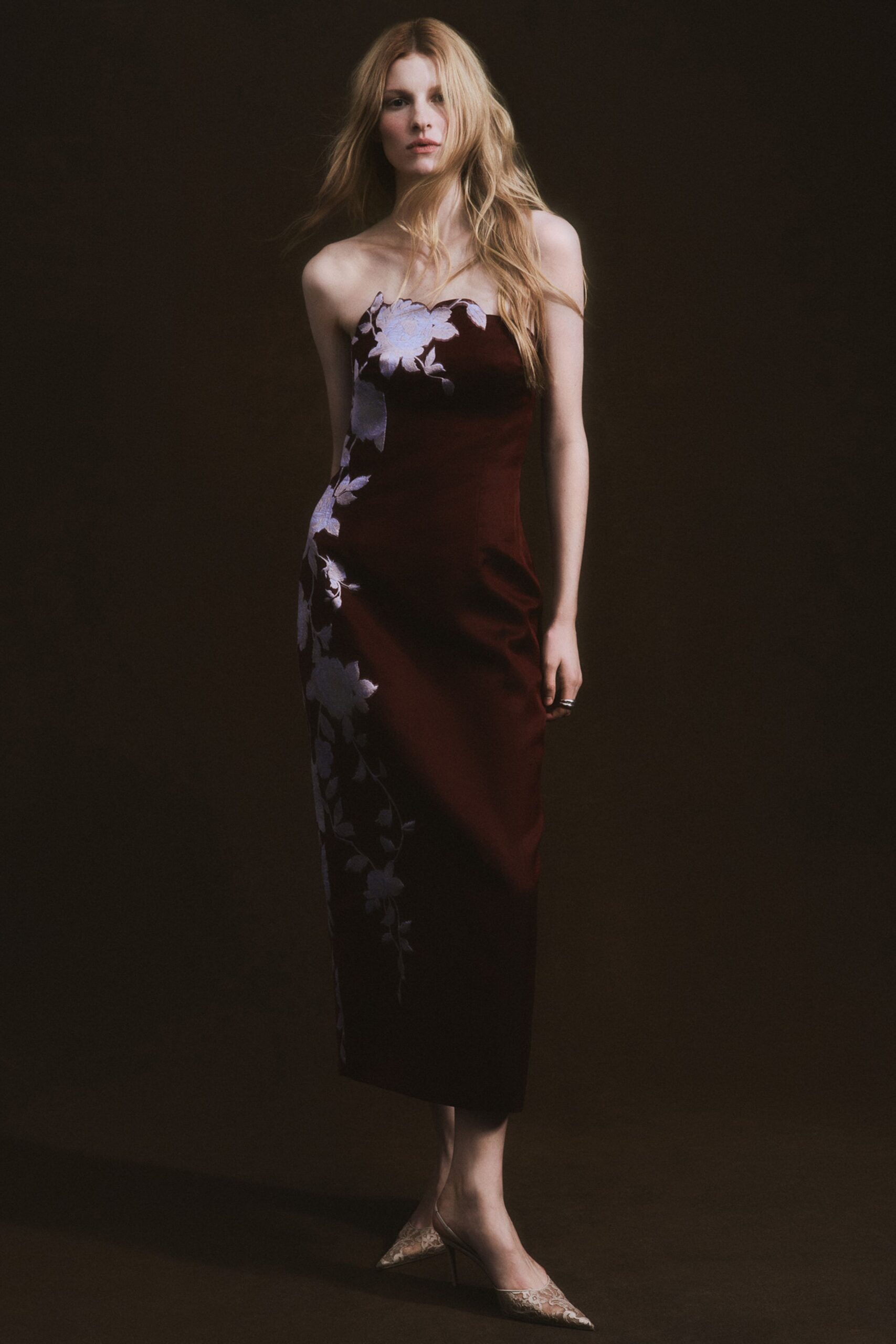 maroon silk sleeveless v-neck fitted embroidered midi dress