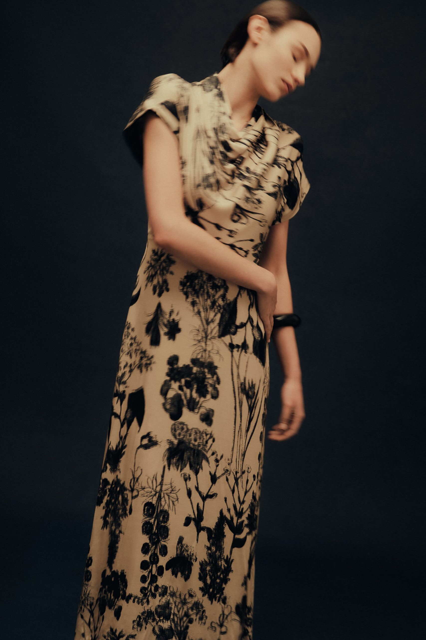 beige black floral silk gown