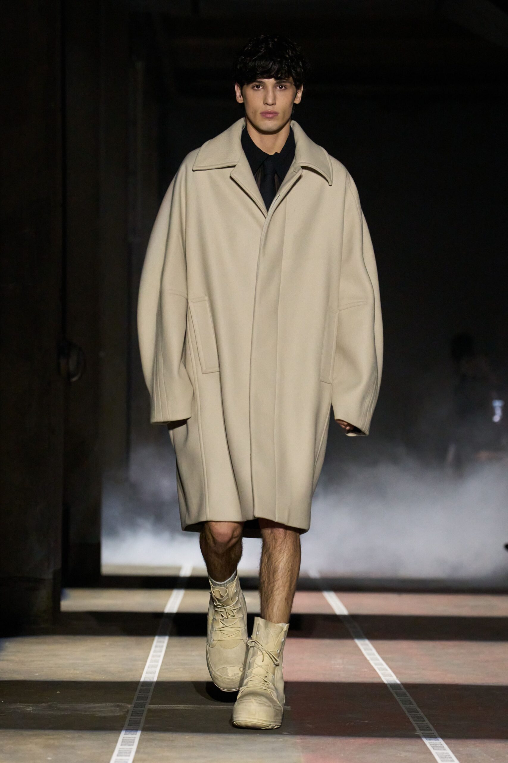 beige oversized wool coat and cream shoes