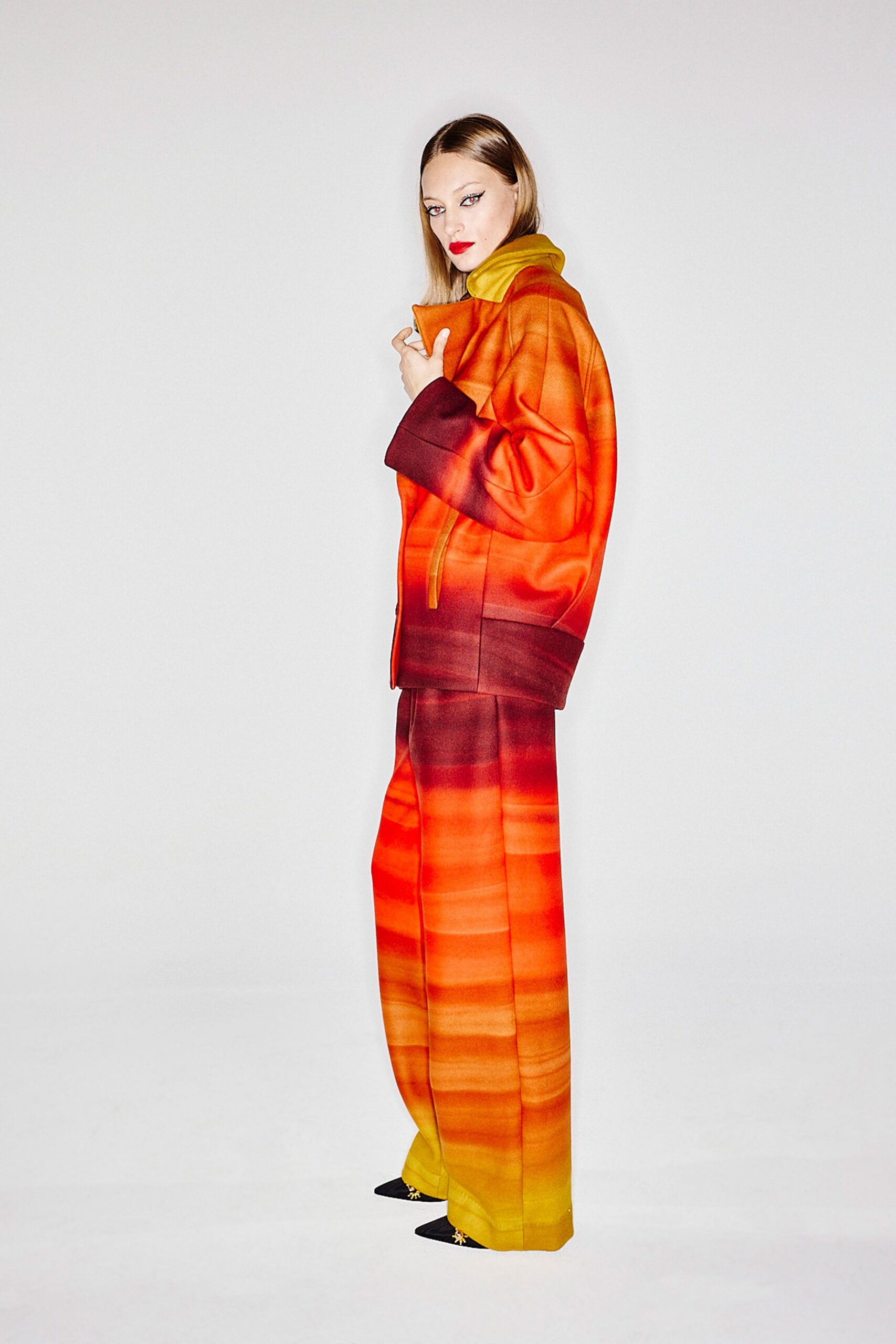 orange wool relaxed wide-leg color-blocked pants