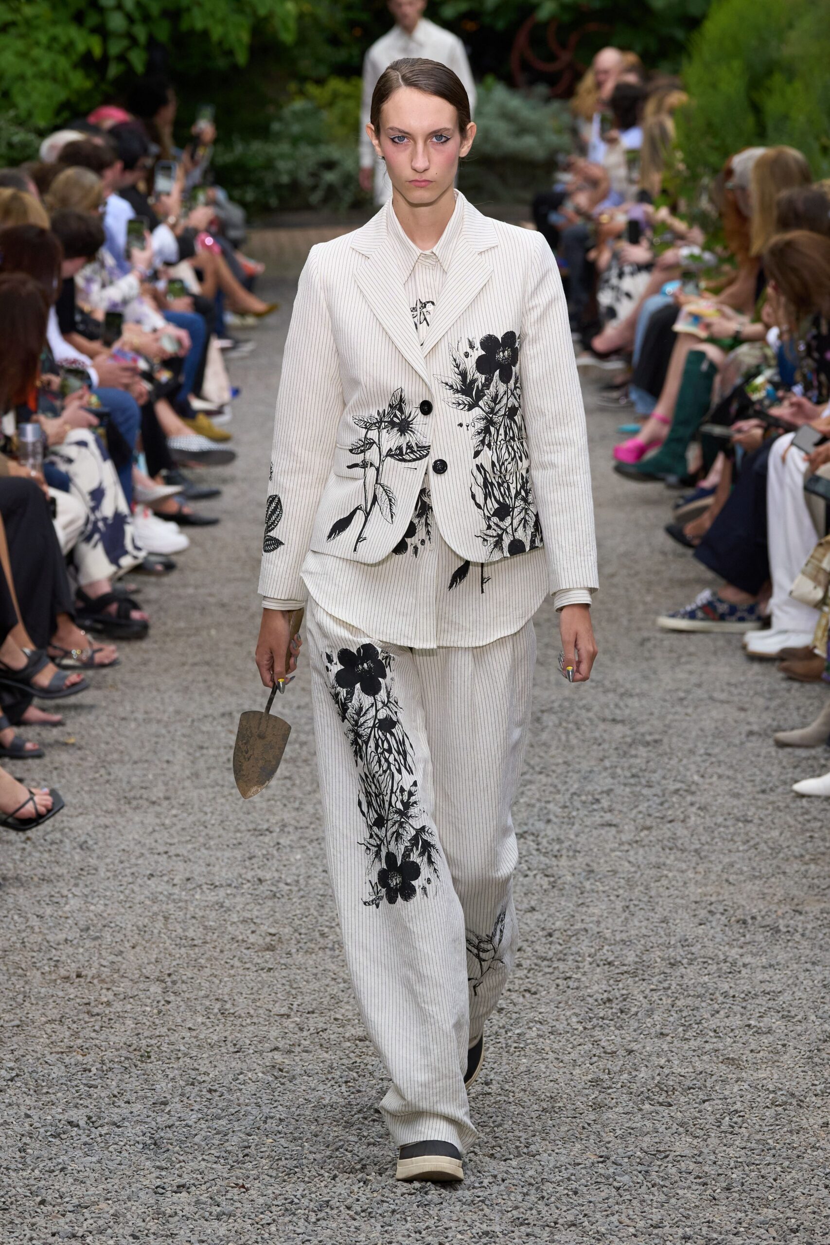 white and black floral suit