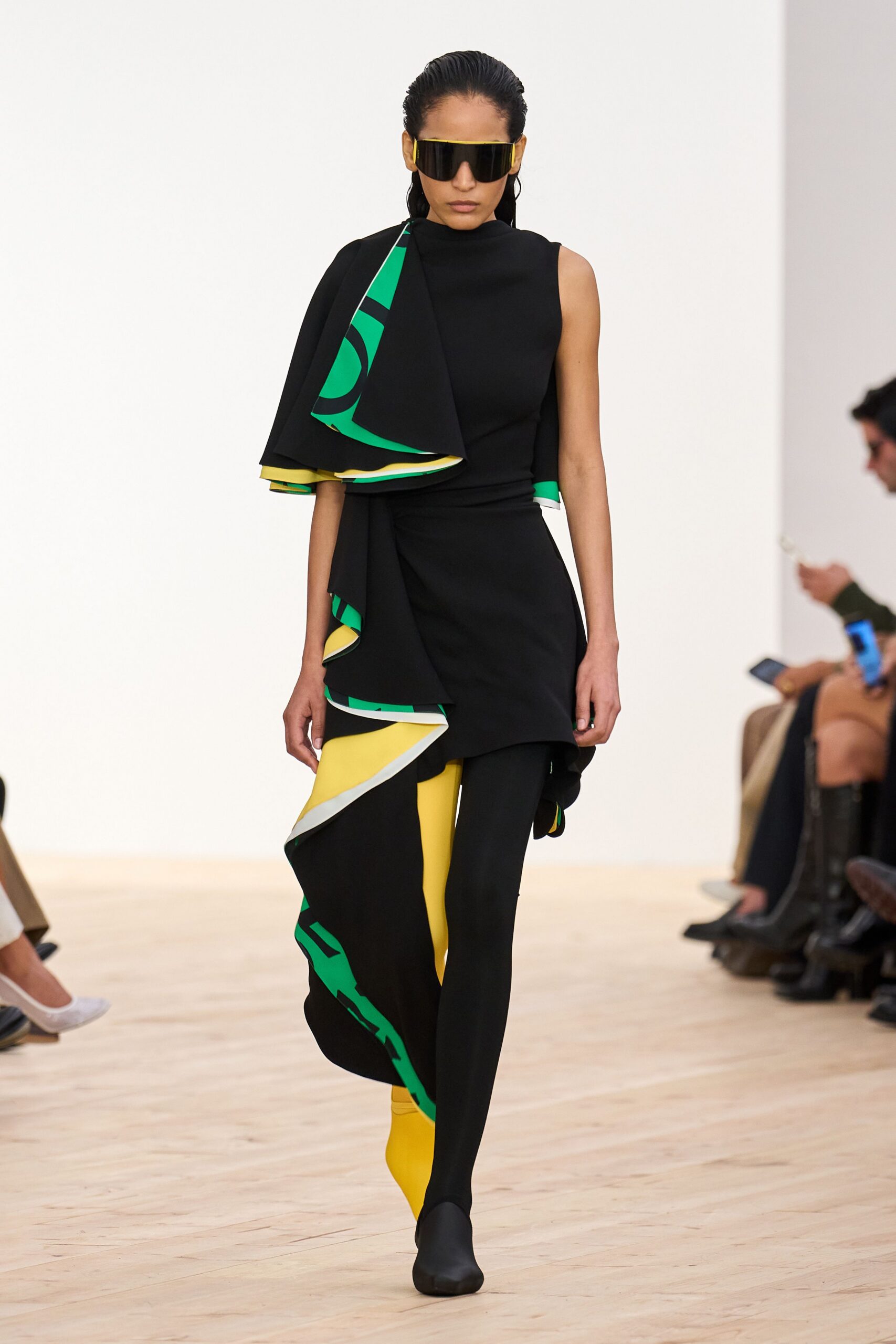 black cotton sleeveless asymmetric fitted draped color-blocked dress