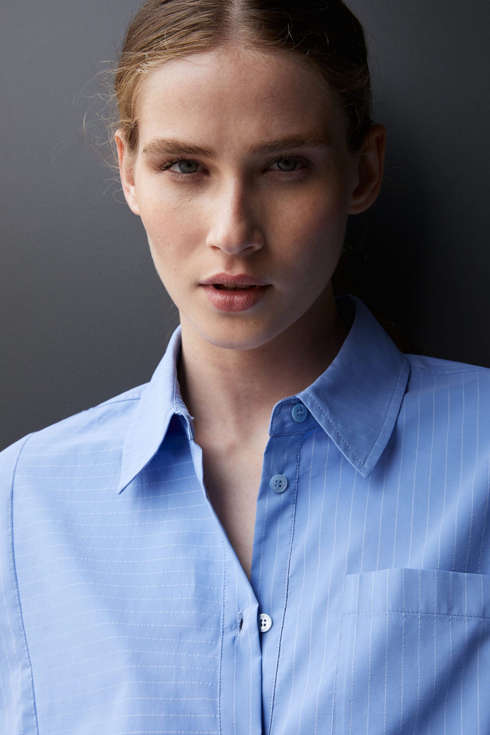 fitted blue striped shirt