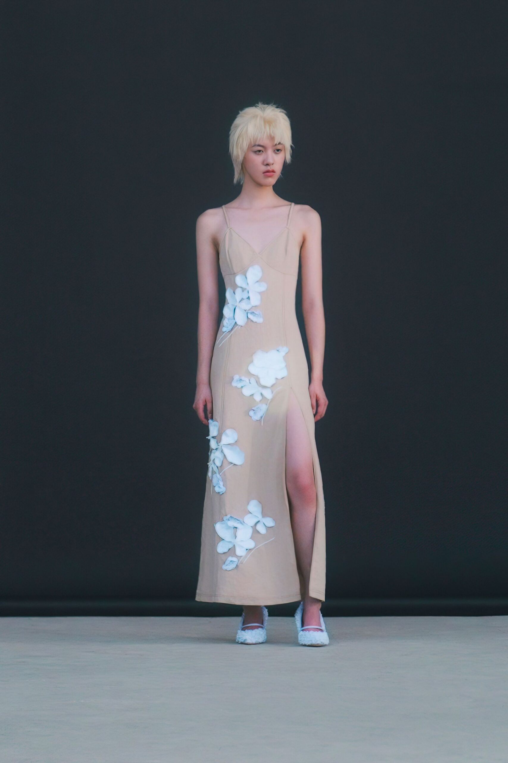 beige silk sleeveless v-neck fitted floral draped dress