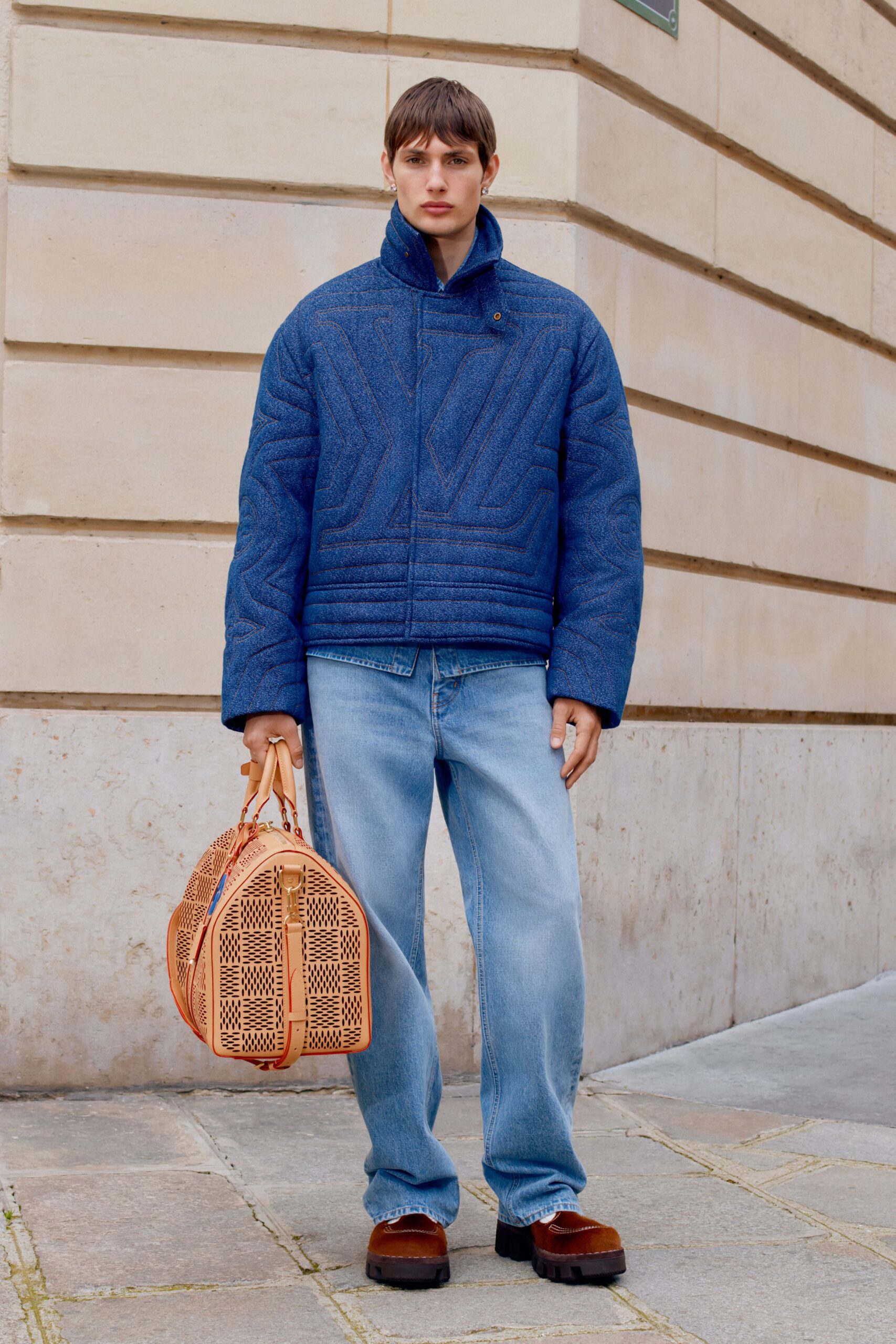 blue quilted jacket with jeans