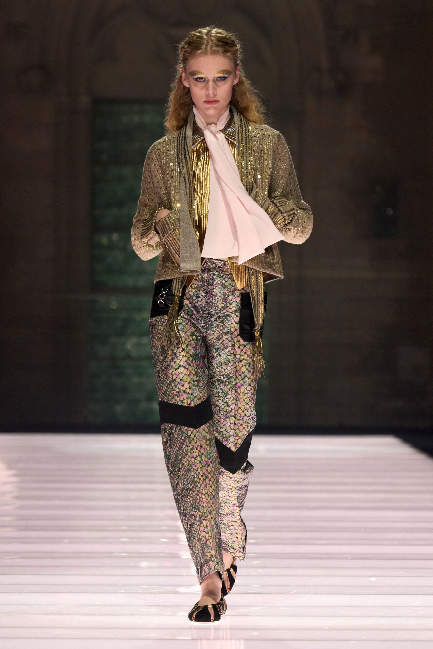 gold silk long-sleeve collared fitted fringed shiny jacket