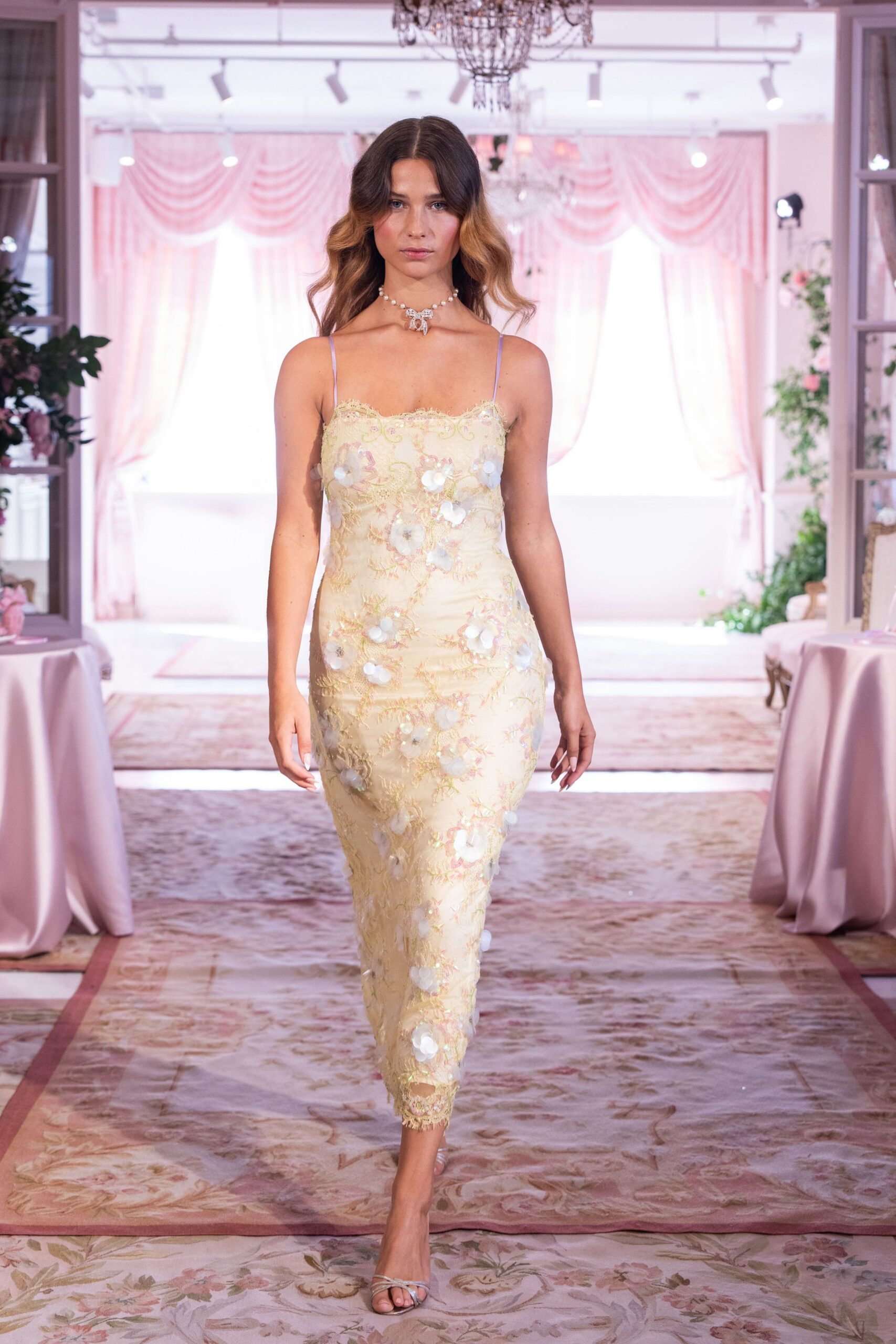 yellow silk sleeveless v-neck fitted embroidered midi dress