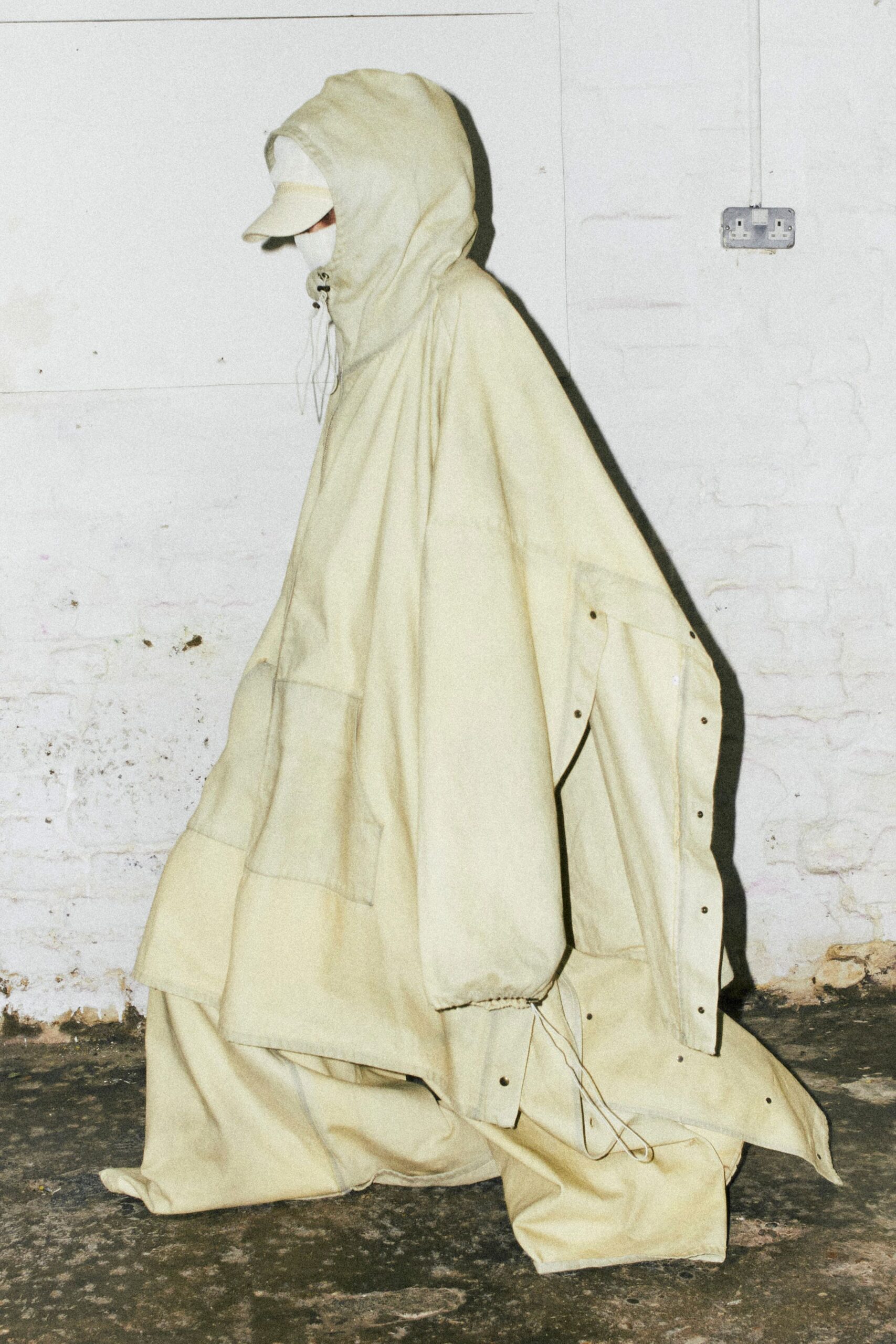 beige cotton hooded oversized zippered pockets poncho