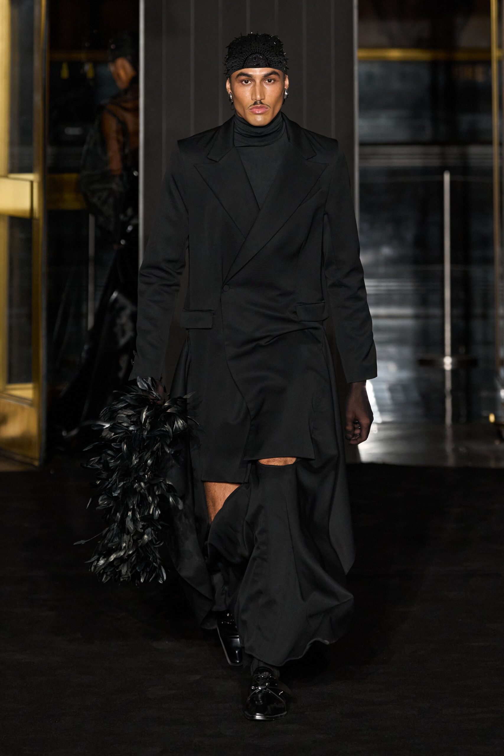 black wool long-sleeve collared fitted draped midi coat