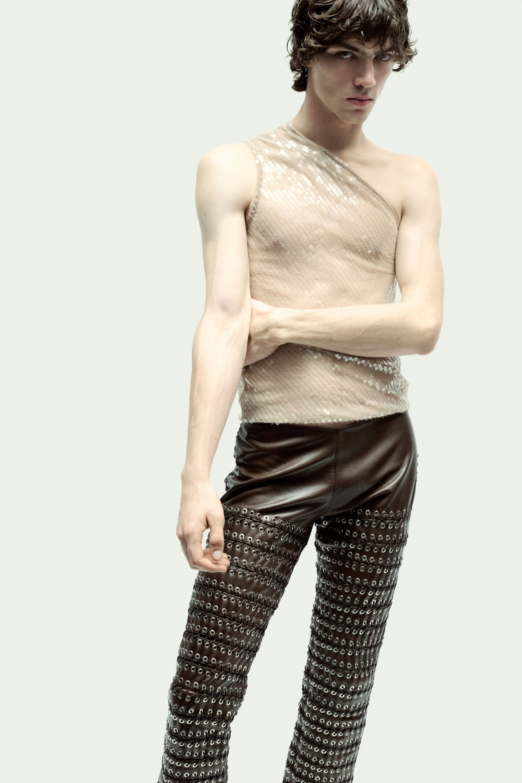 beige mesh sleeveless asymmetric fitted sequined sheer top