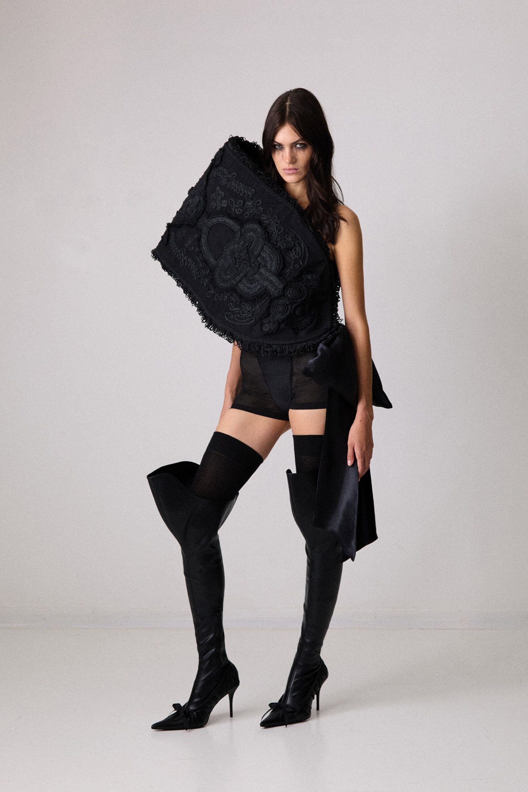 black silk sleeveless asymmetric fitted embroidered top