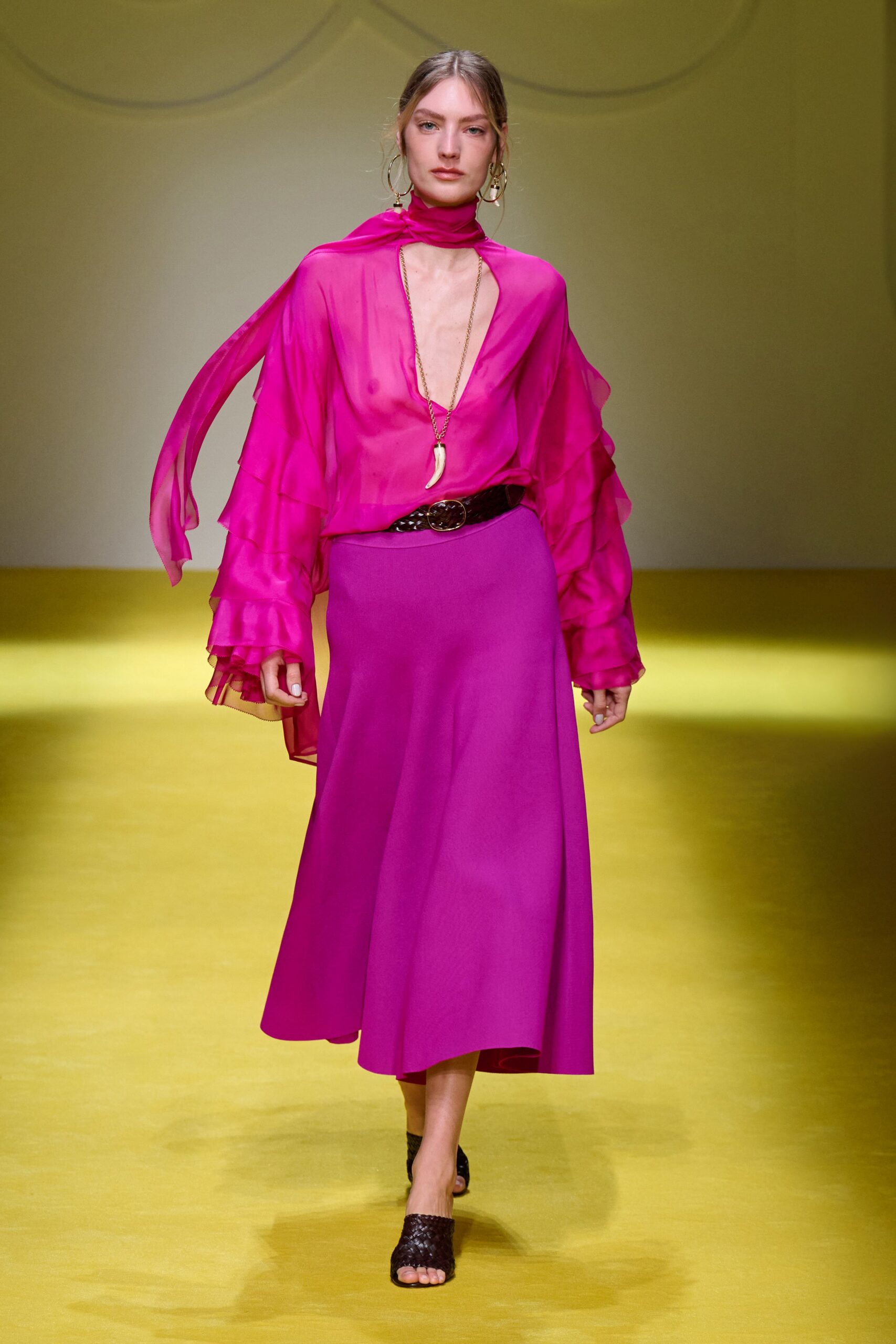 pink silk blouse purple midi skirt