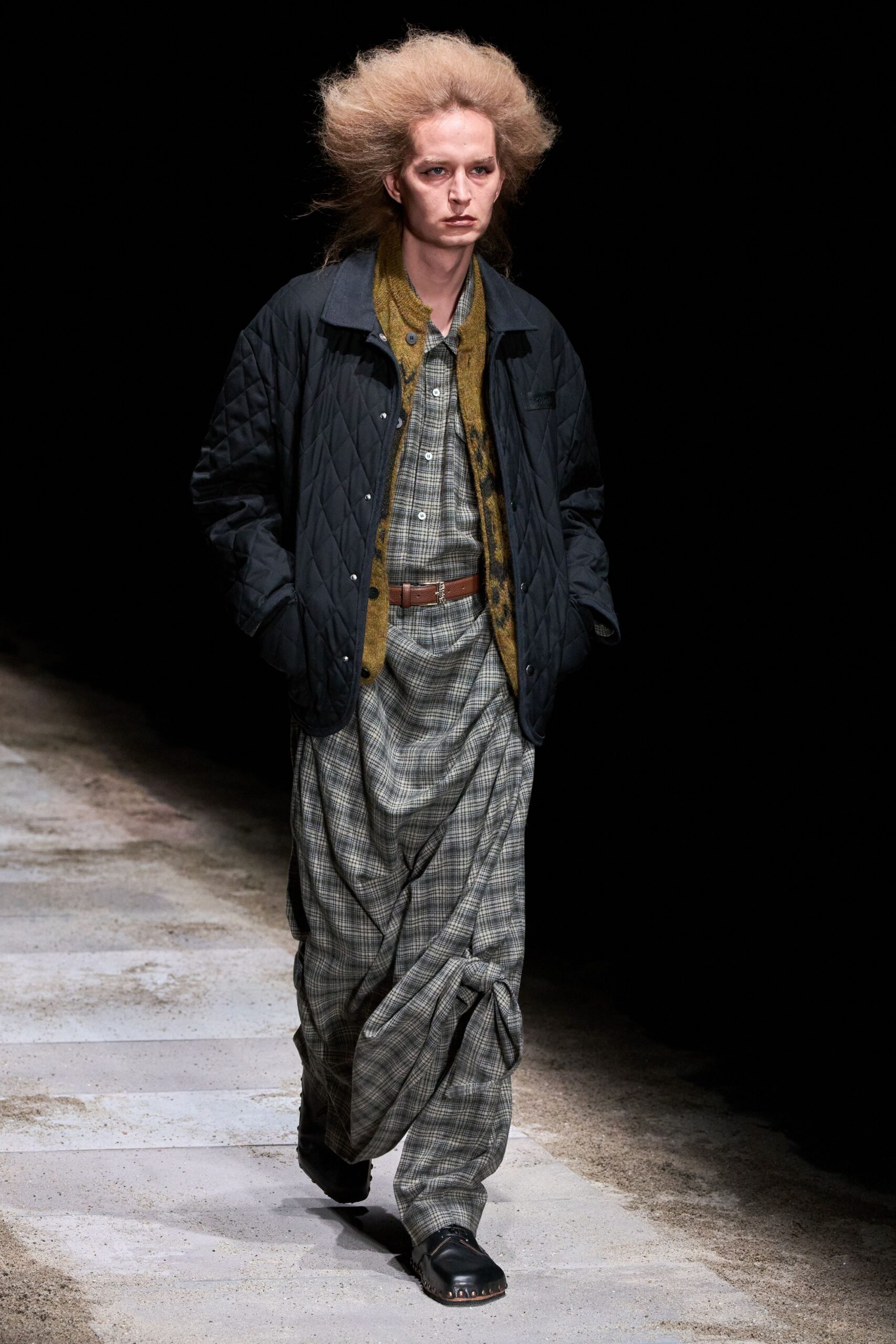 black quilted jacket with checked shirt
