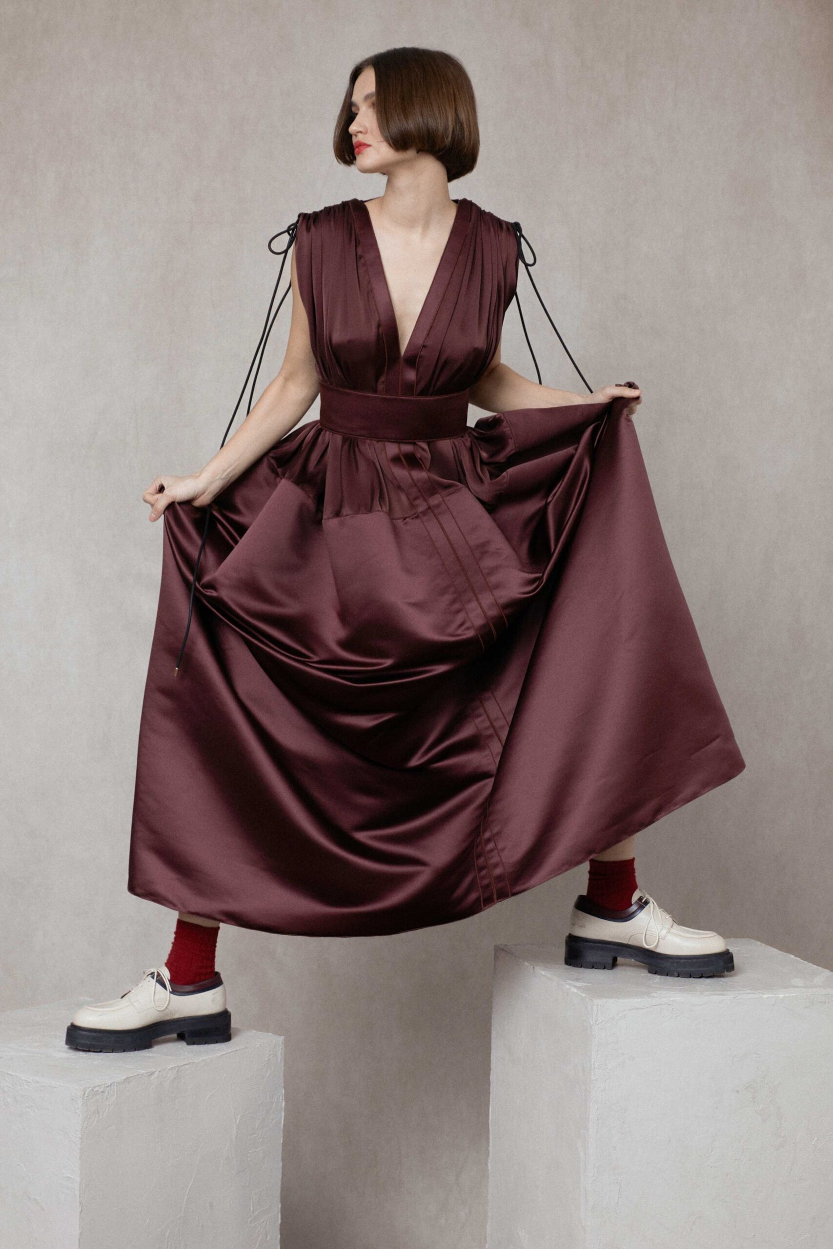 maroon silk sleeveless v-neck fitted draped maxi gown