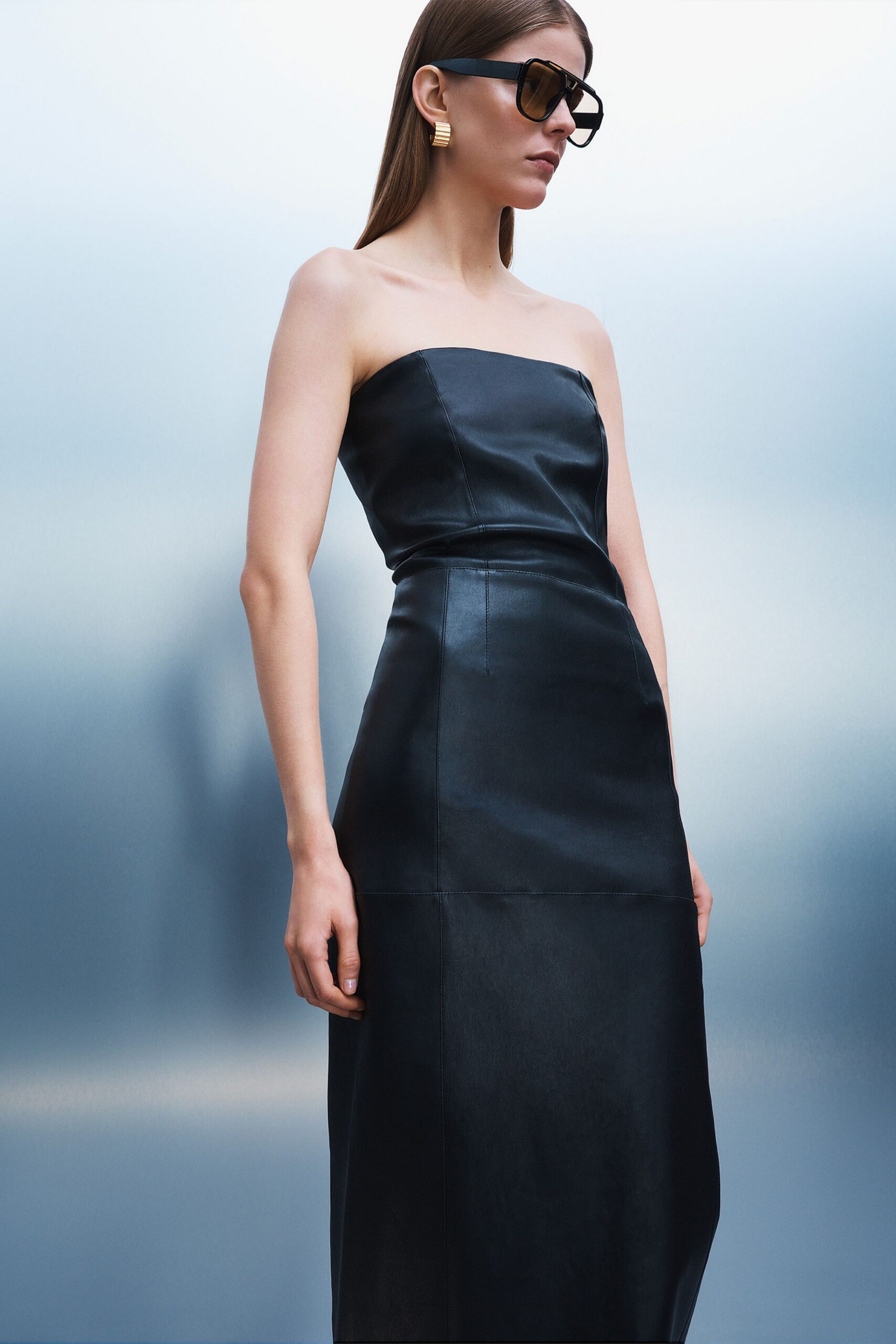 black leather strapless fitted midi gown