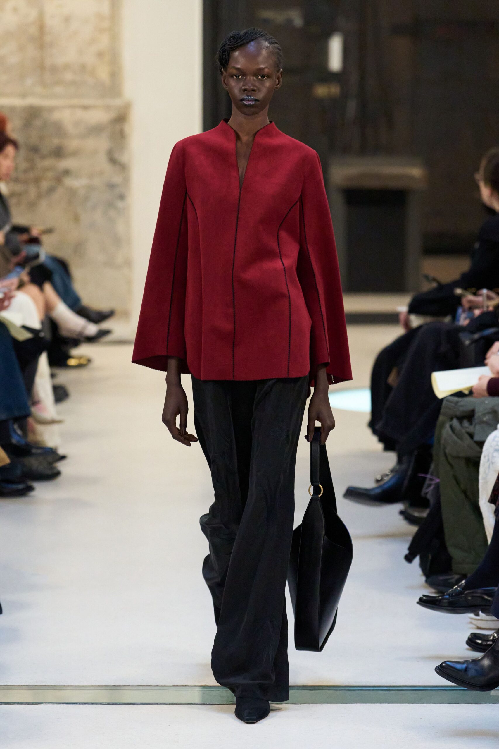 red wool long-sleeve collared fitted zippered jacket
