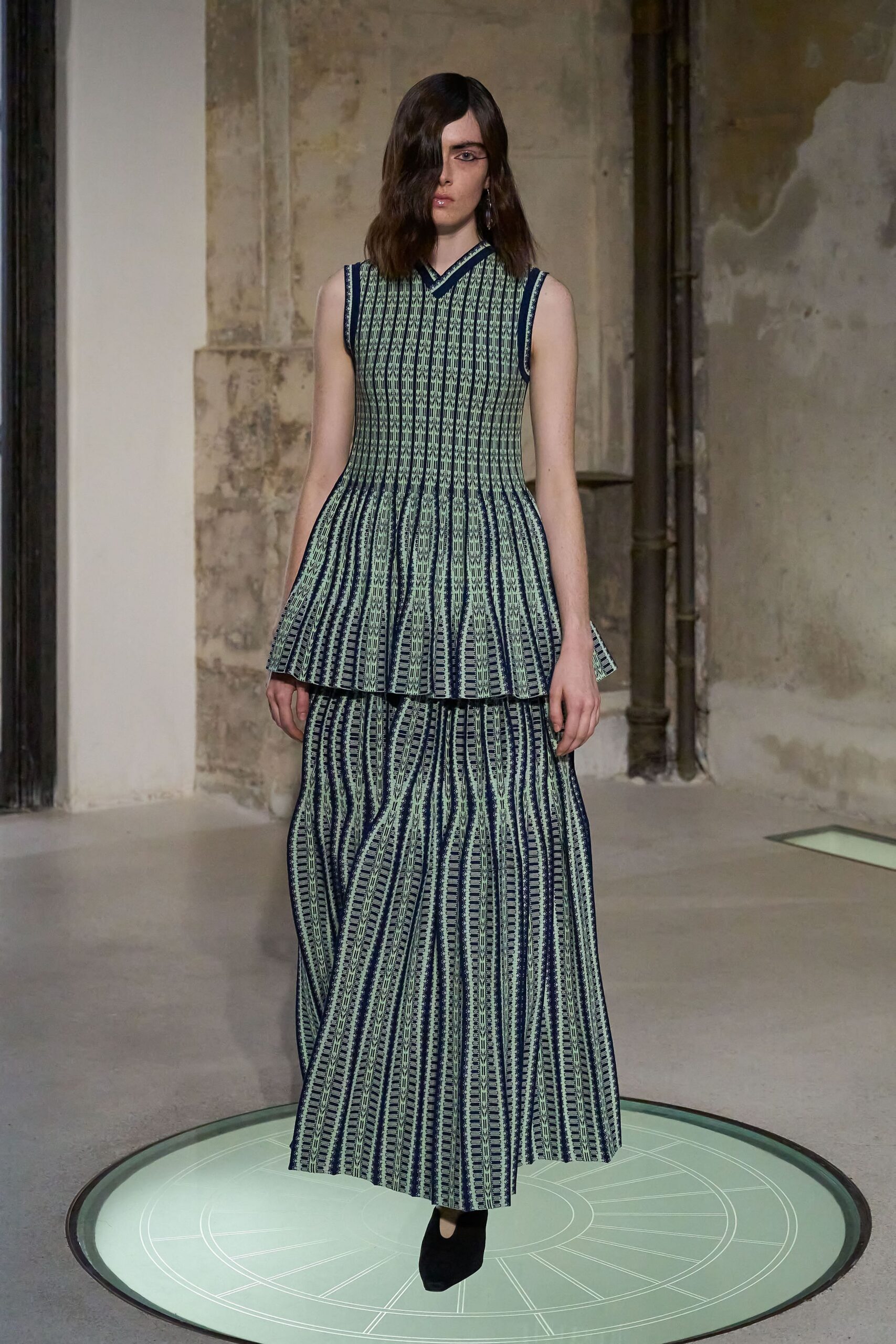 blue and green pleated top with tiered skirt